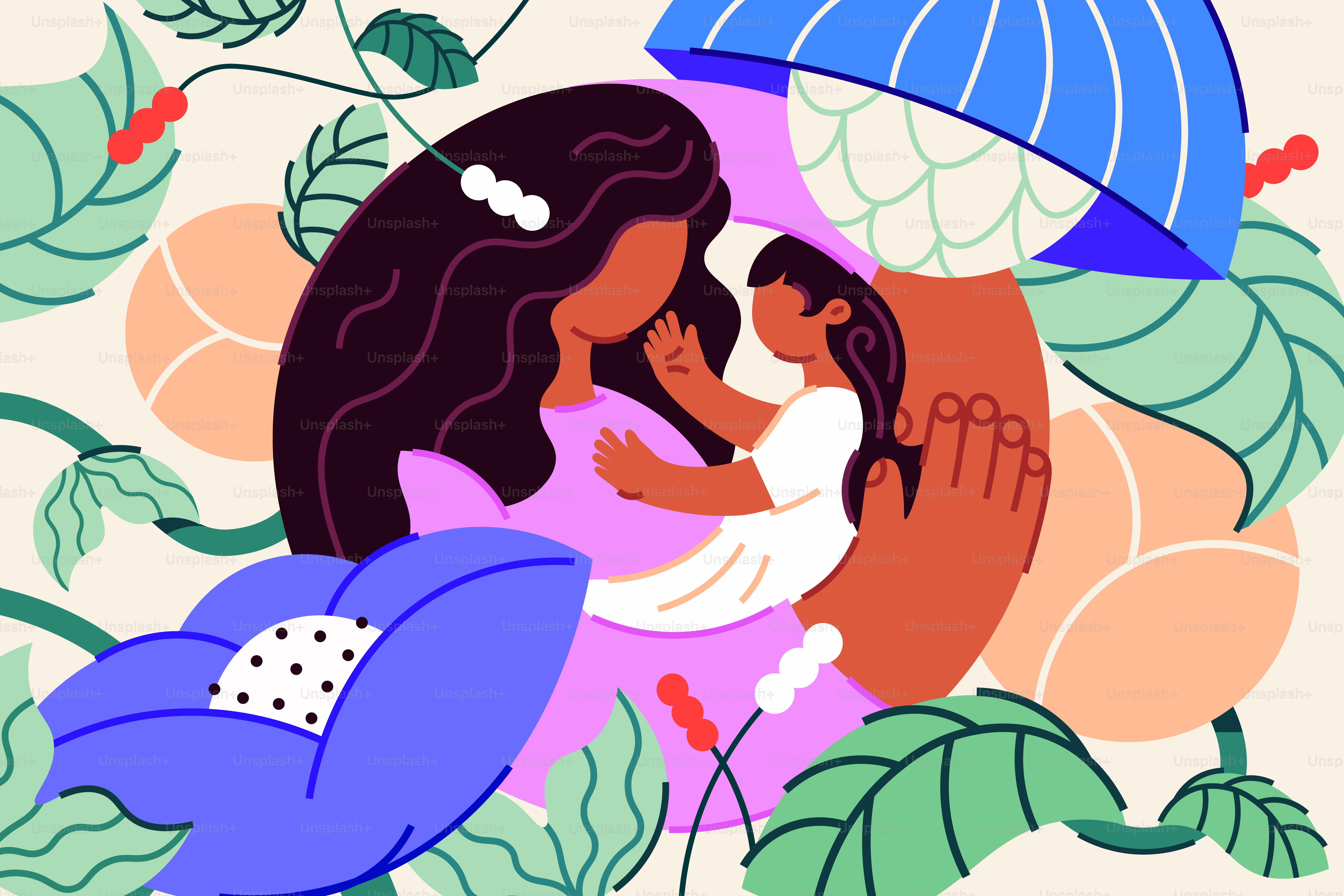 Mother and daughter embrace within a flowery illustration.