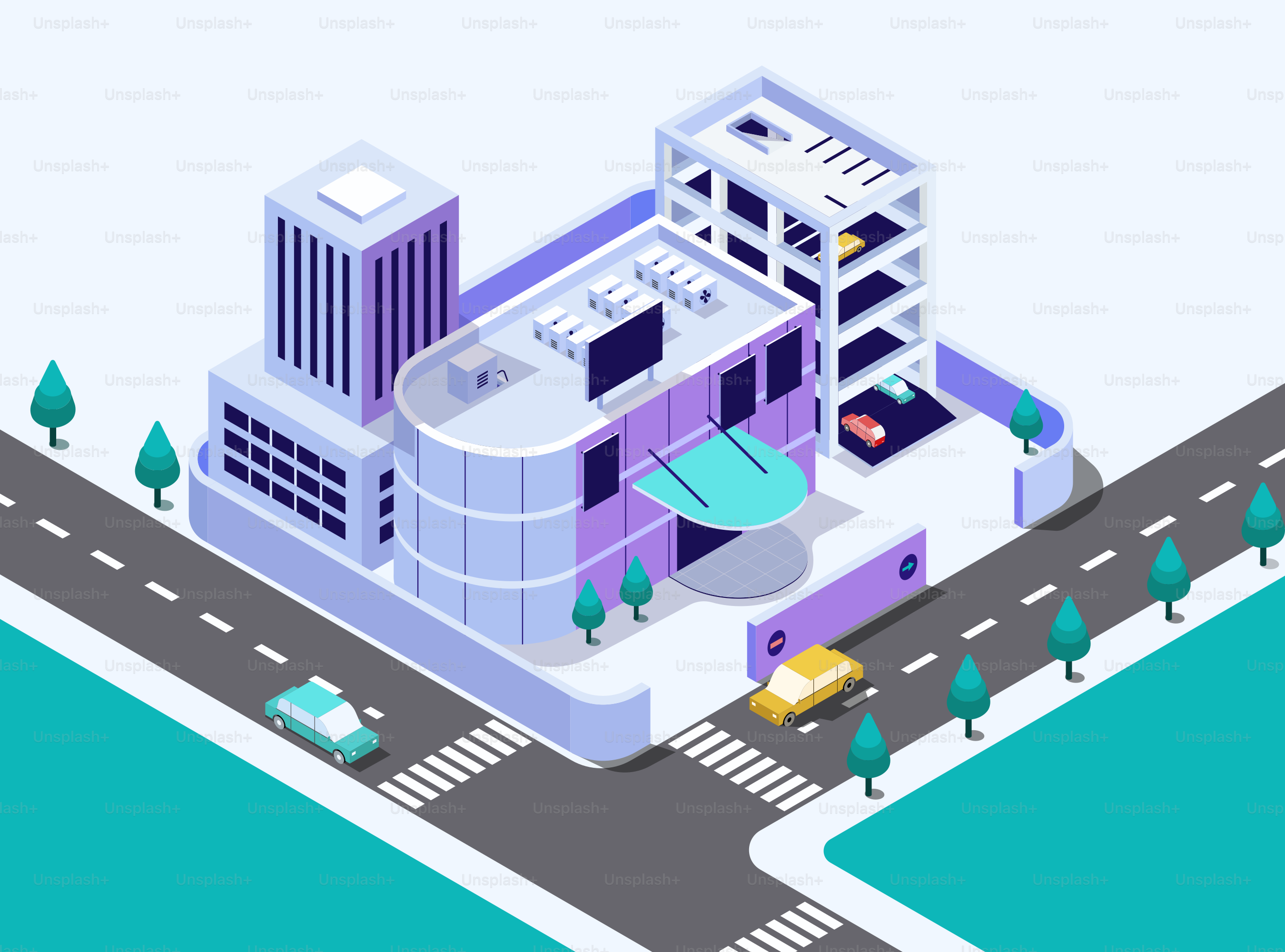 Isometric illustration of a modern building and surroundings.