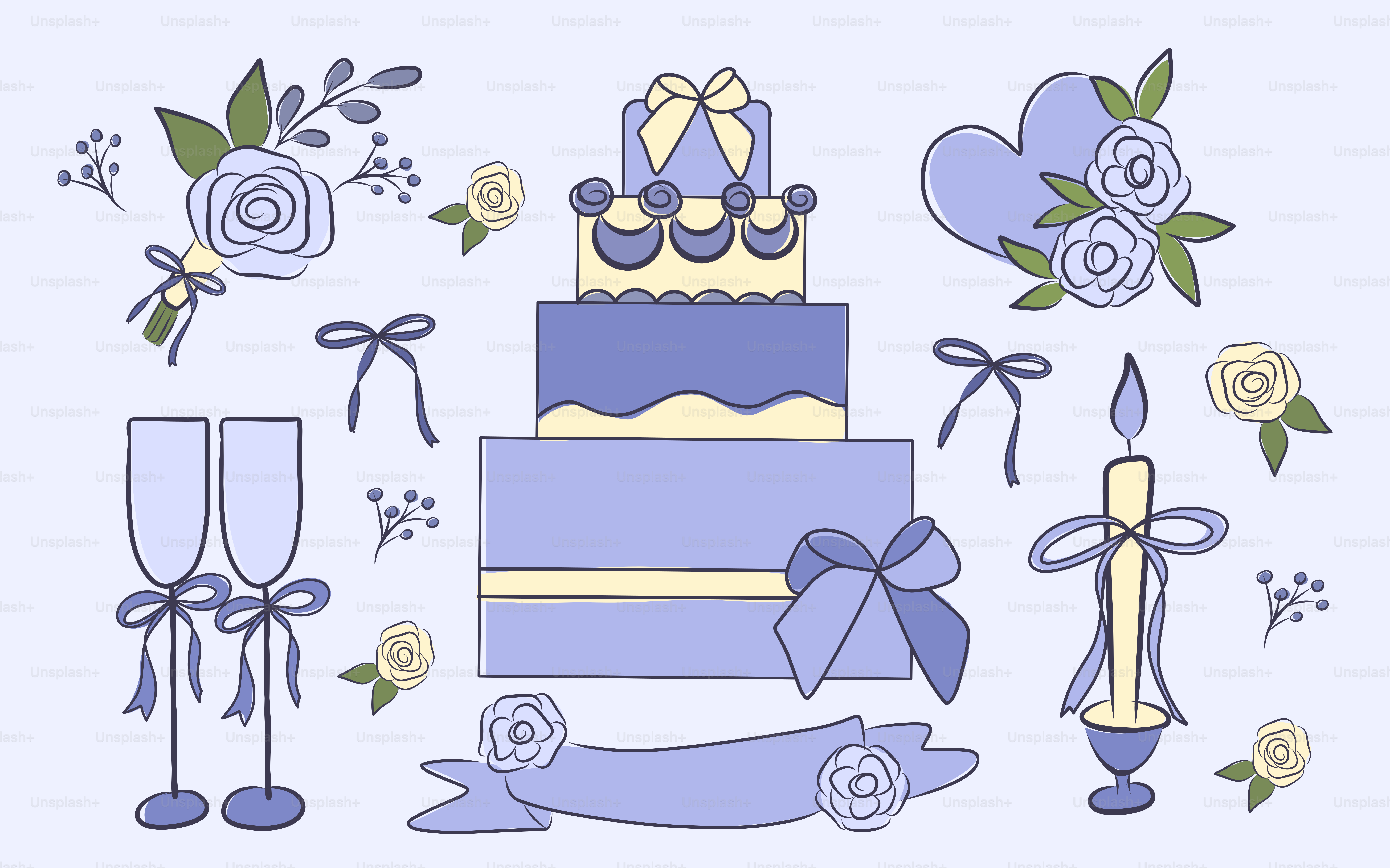 ケーキ、花、シャンパンをテーマにした結婚式コレクション。