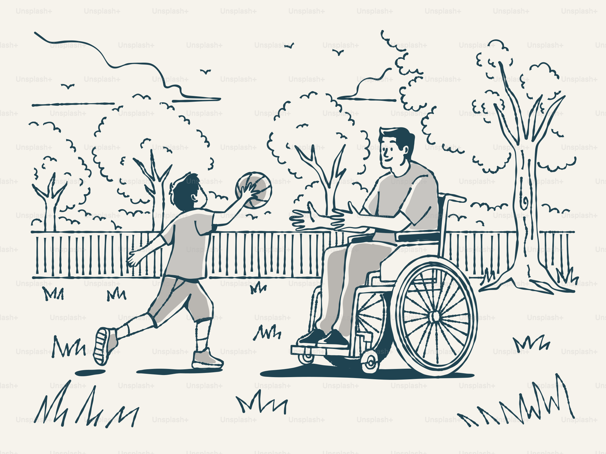 A boy plays basketball with a person in a wheelchair.