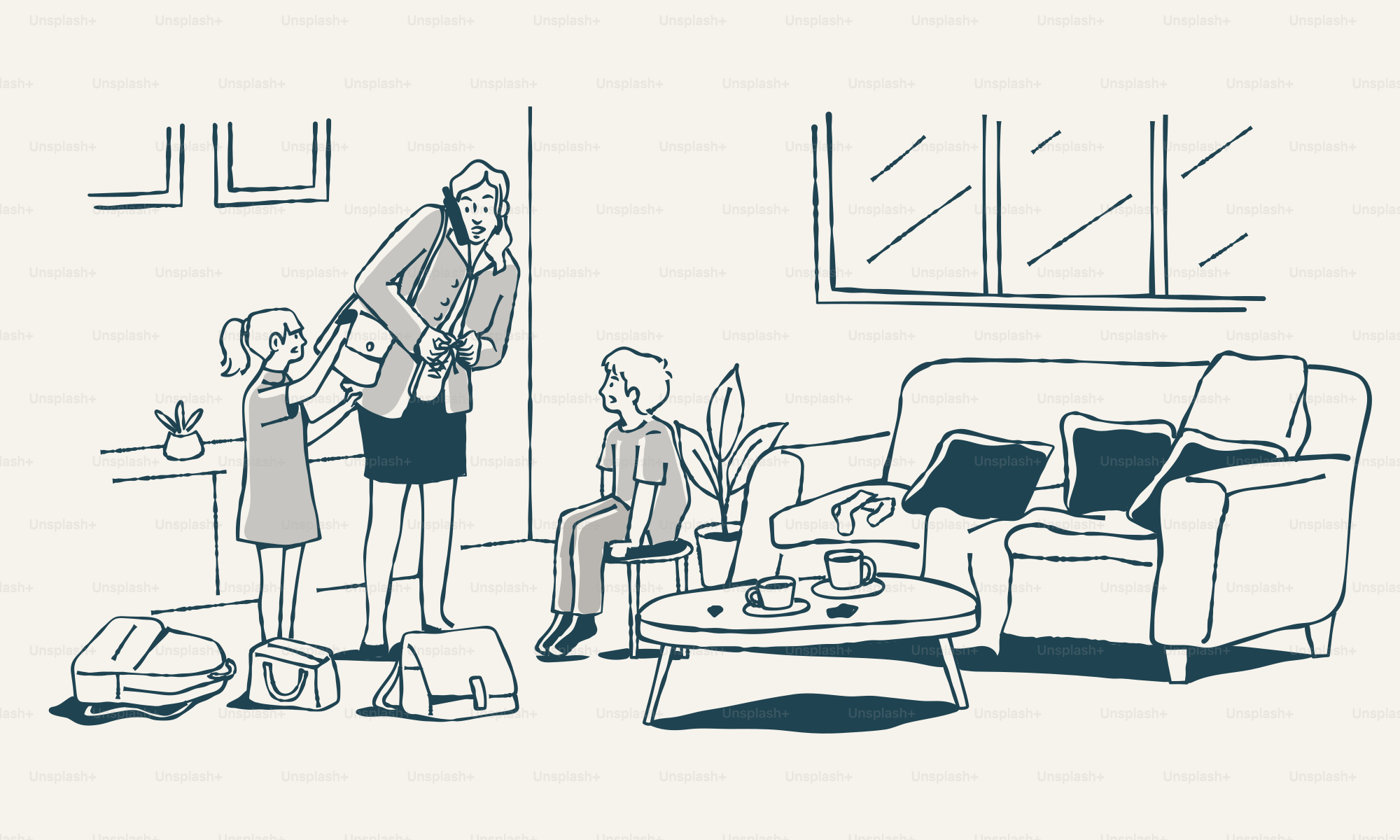 A mother is getting her children ready to leave.