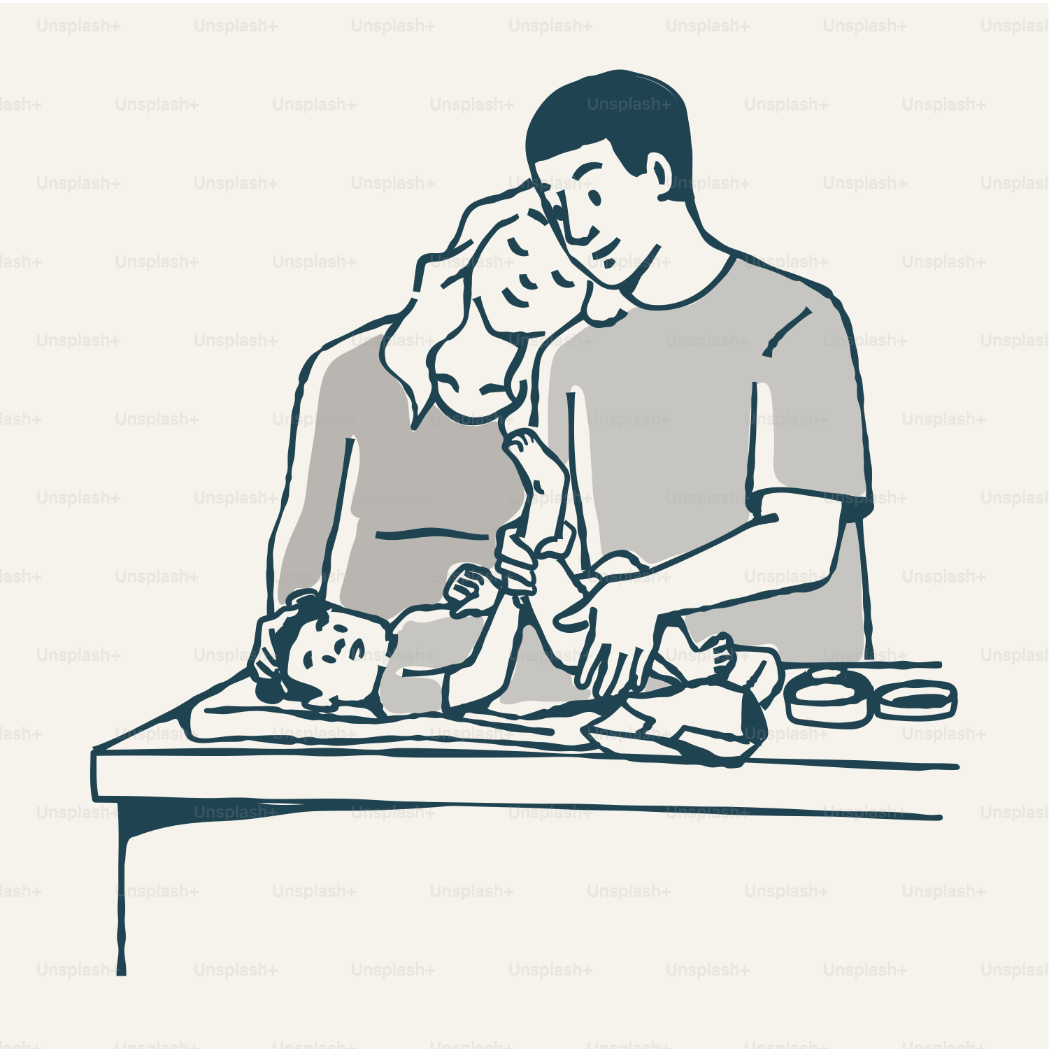 Parents change a baby's diaper on a changing table.