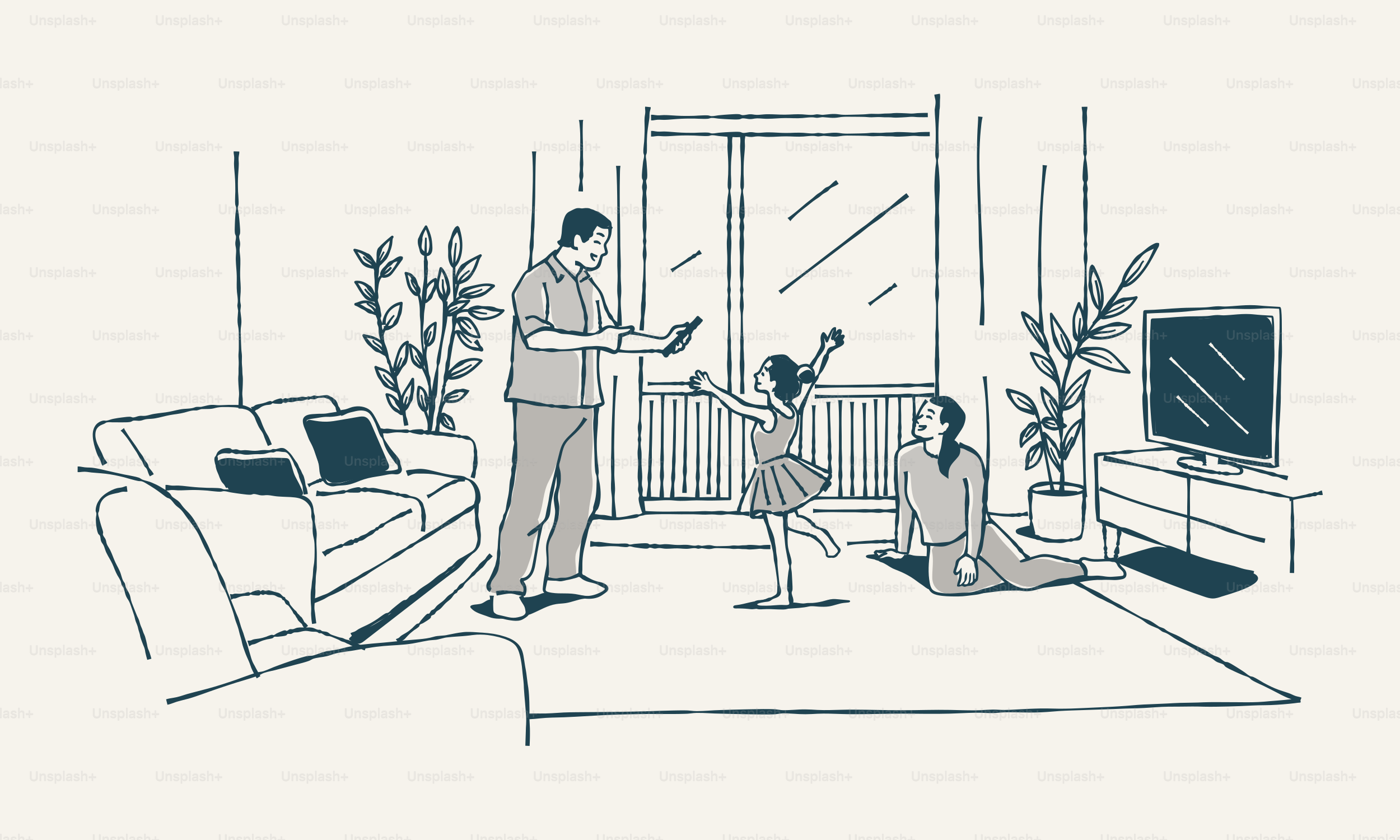 Une famille regarde une fille danser le ballet dans le salon.