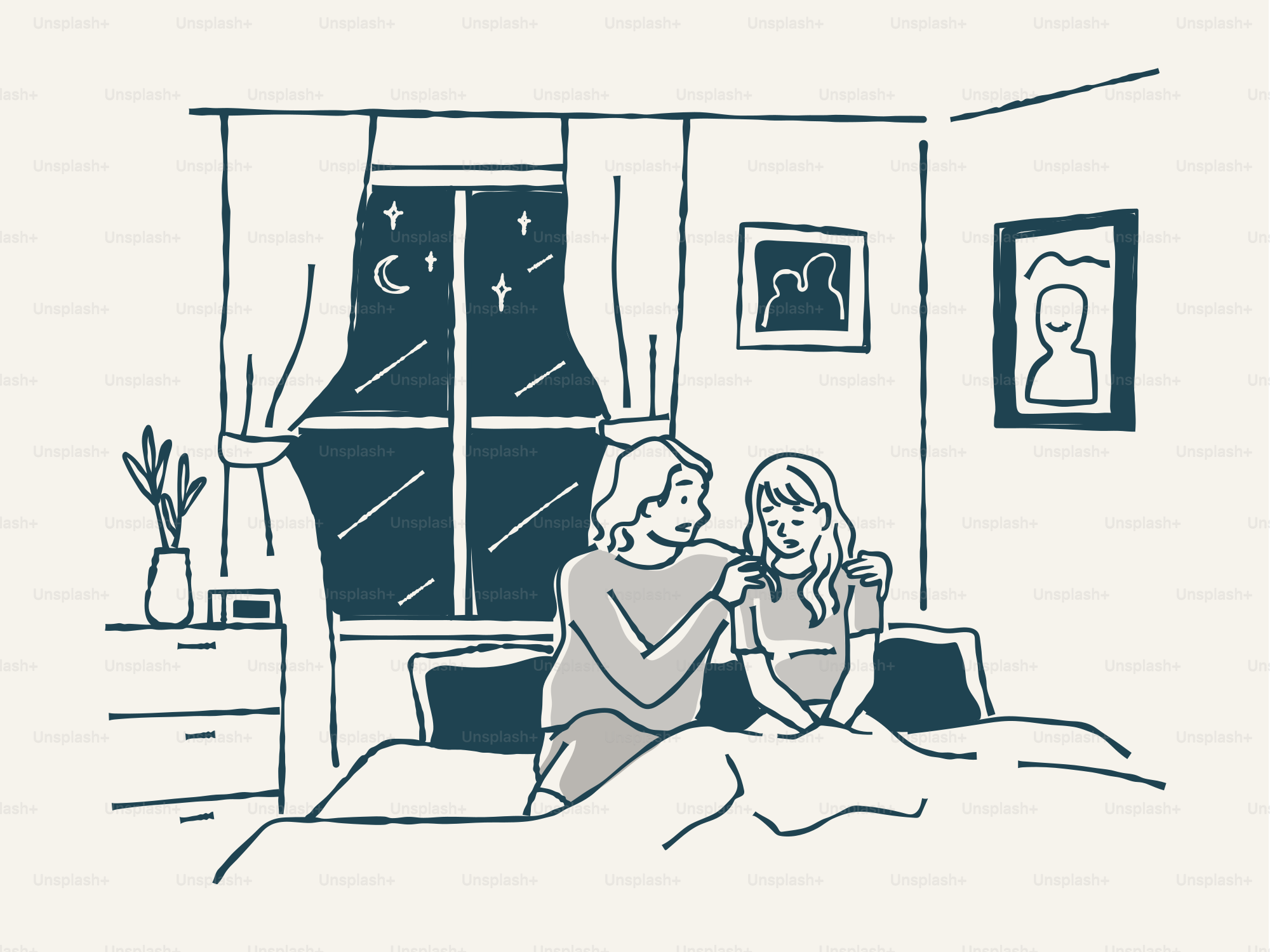 Die Mutter tröstet ihre Tochter in ihrem Schlafzimmer.