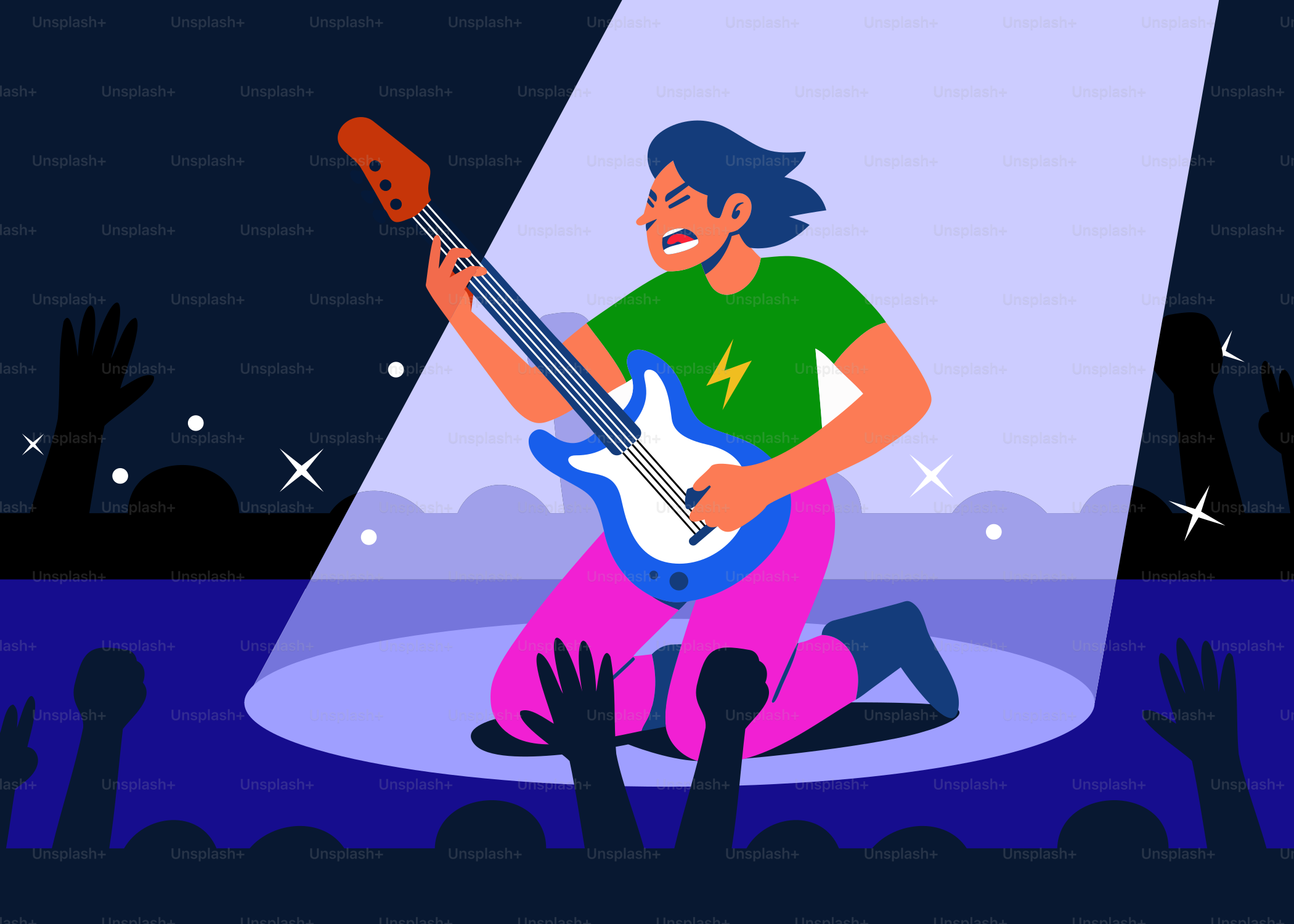 ギタリストがファンの前でステージに立つ。