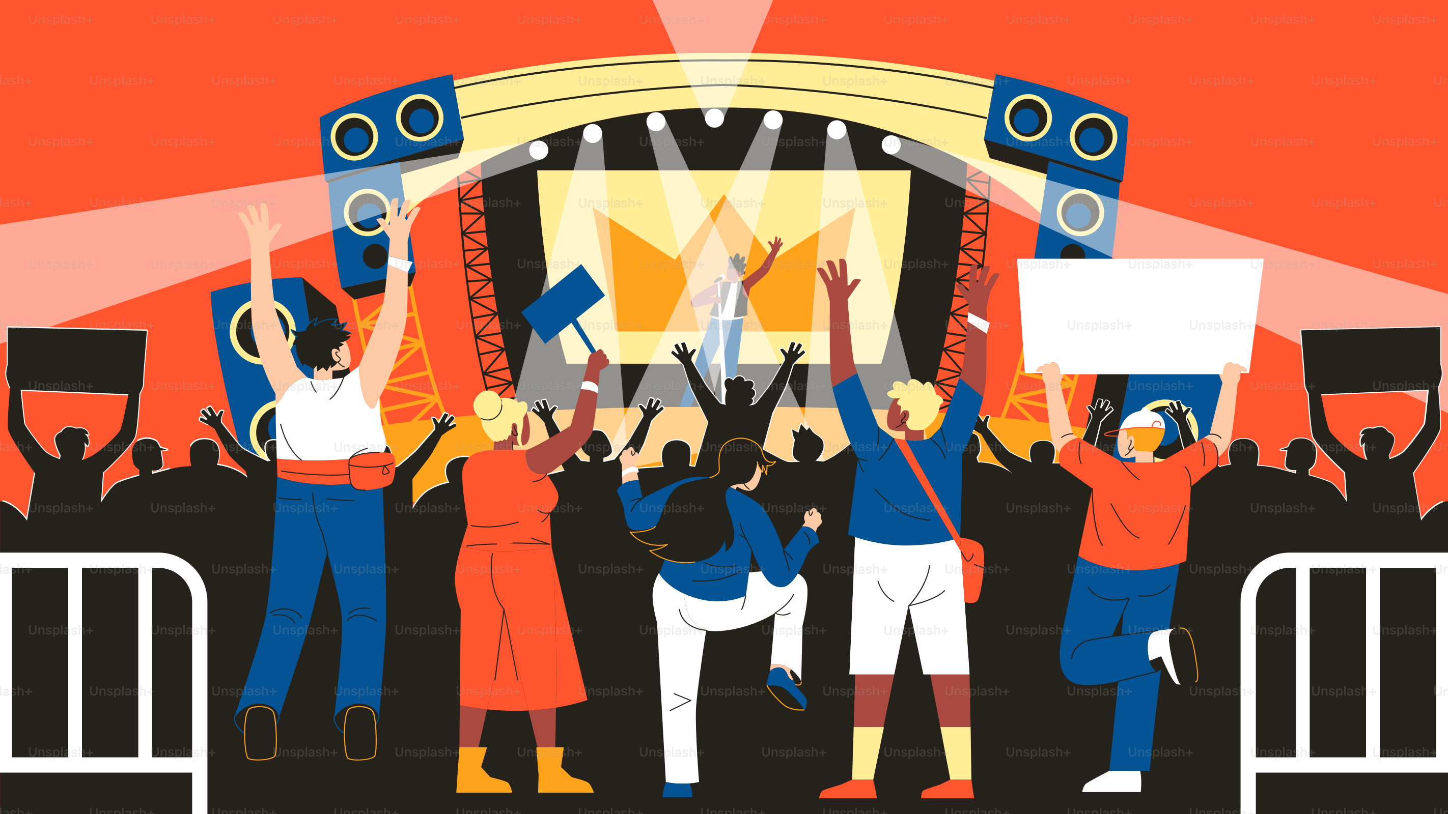 People are cheering at a concert stage.