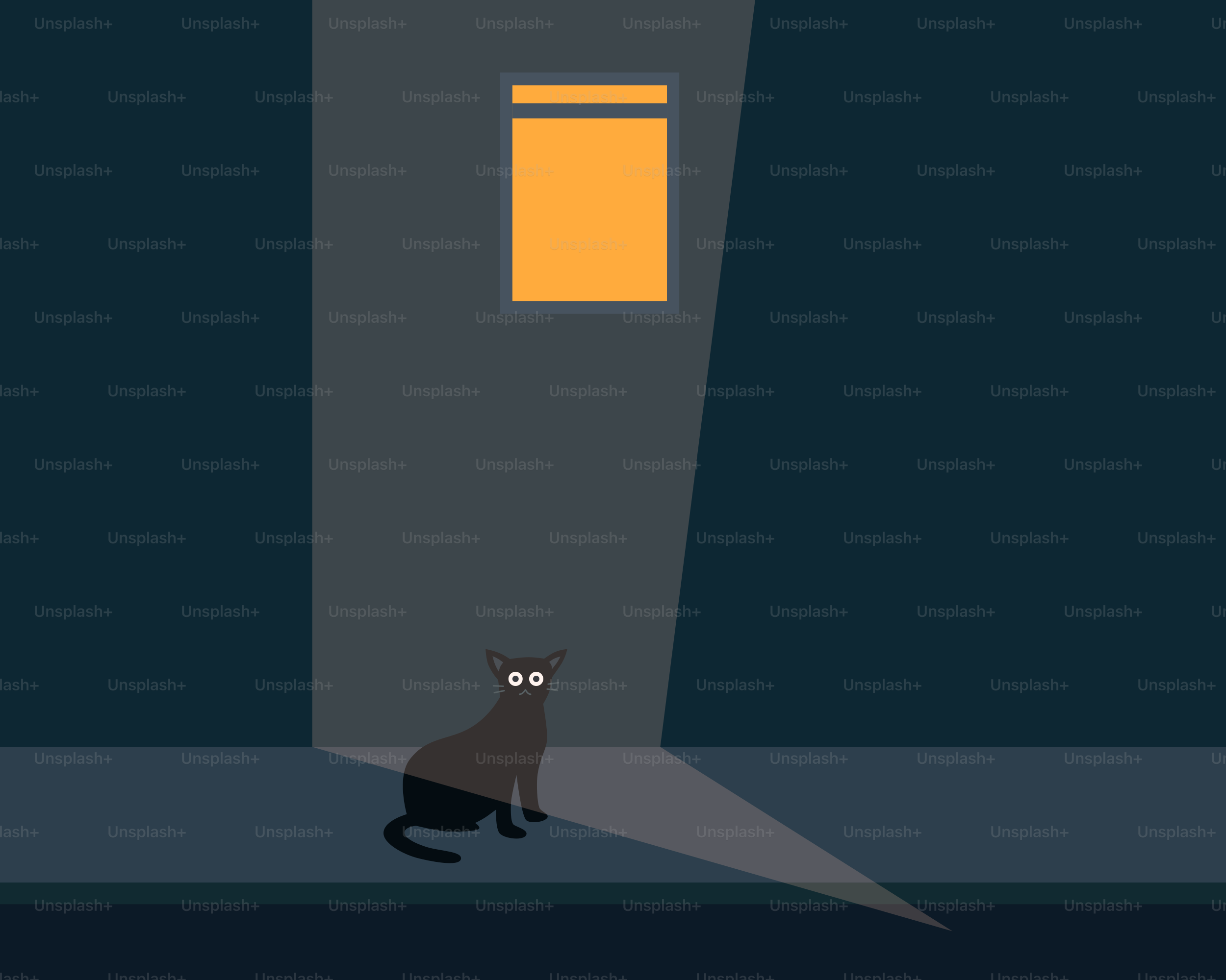 Eine dunkle Katze starrt durch ein beleuchtetes Fenster.