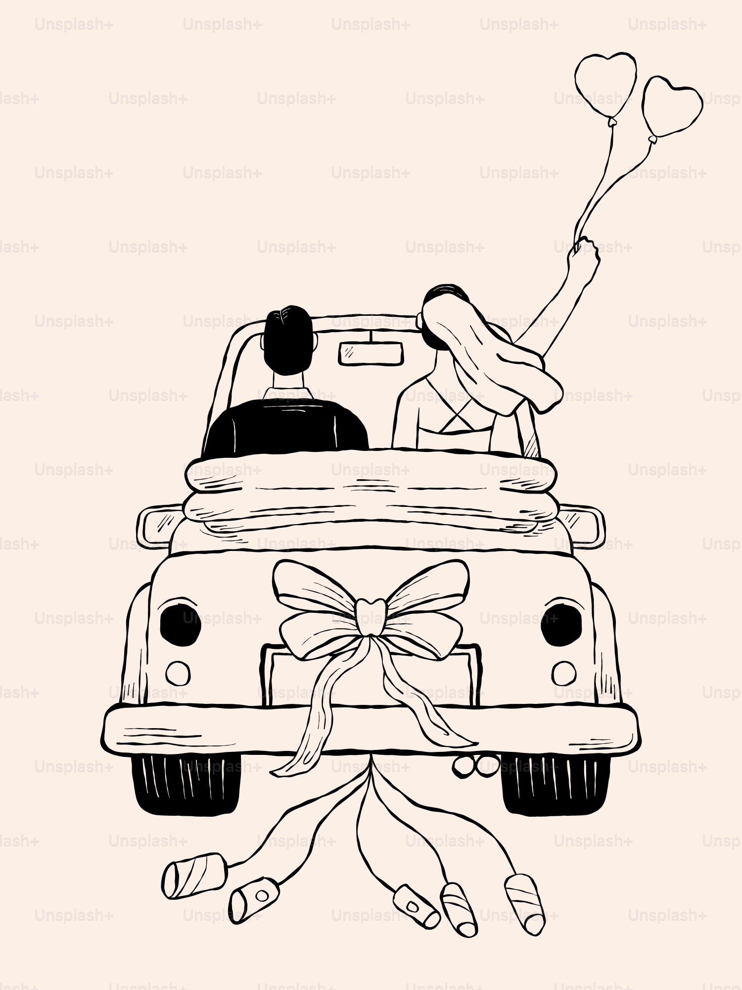 Newlyweds drive away in their decorated car.