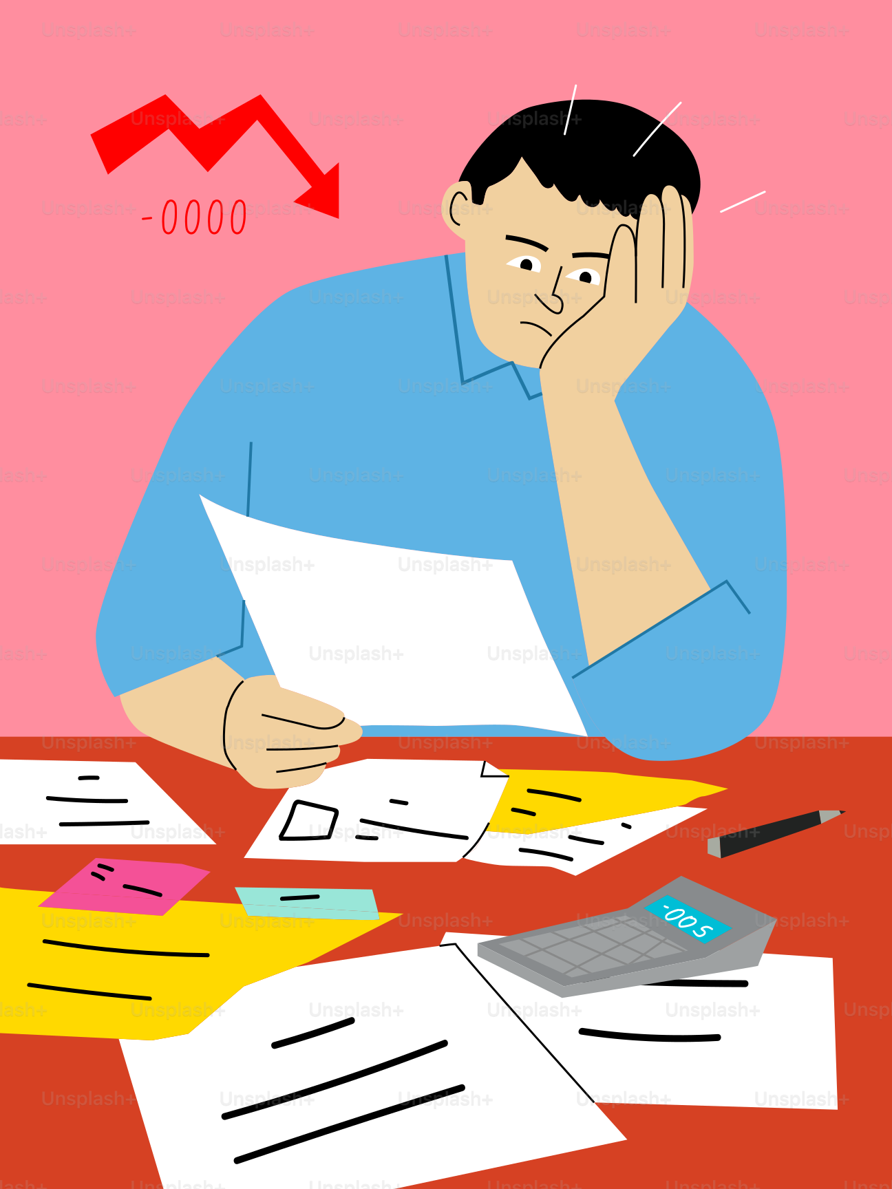 Uomo preoccupato e sopraffatto dai debiti finanziari e dalle perdite.