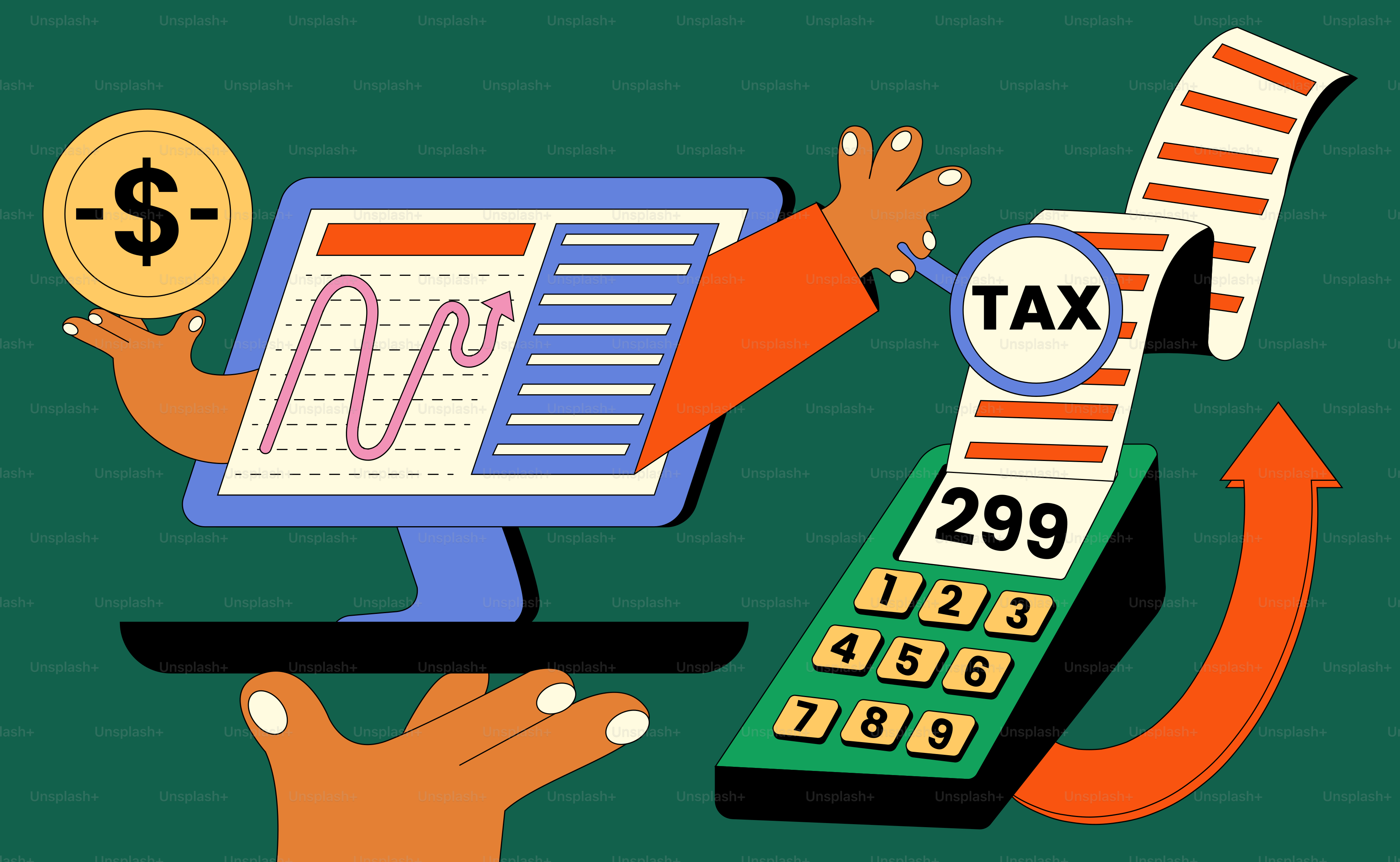 Tax season depicted with money, graphs, and calculator.