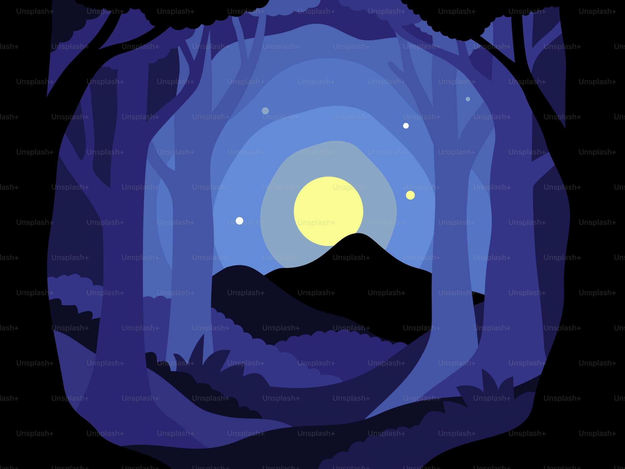 A nighttime forest scene with the moon.