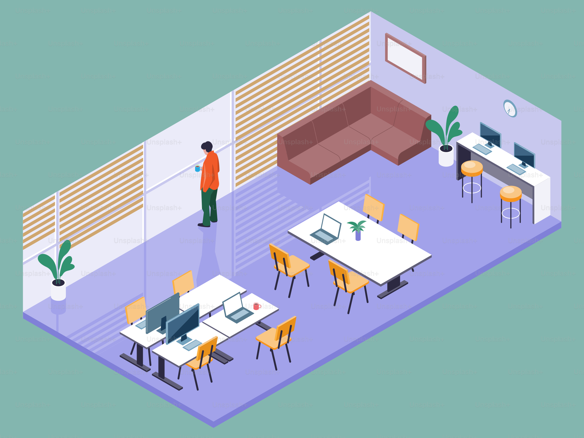 Isometrische Ansicht eines modernen Büroinners.