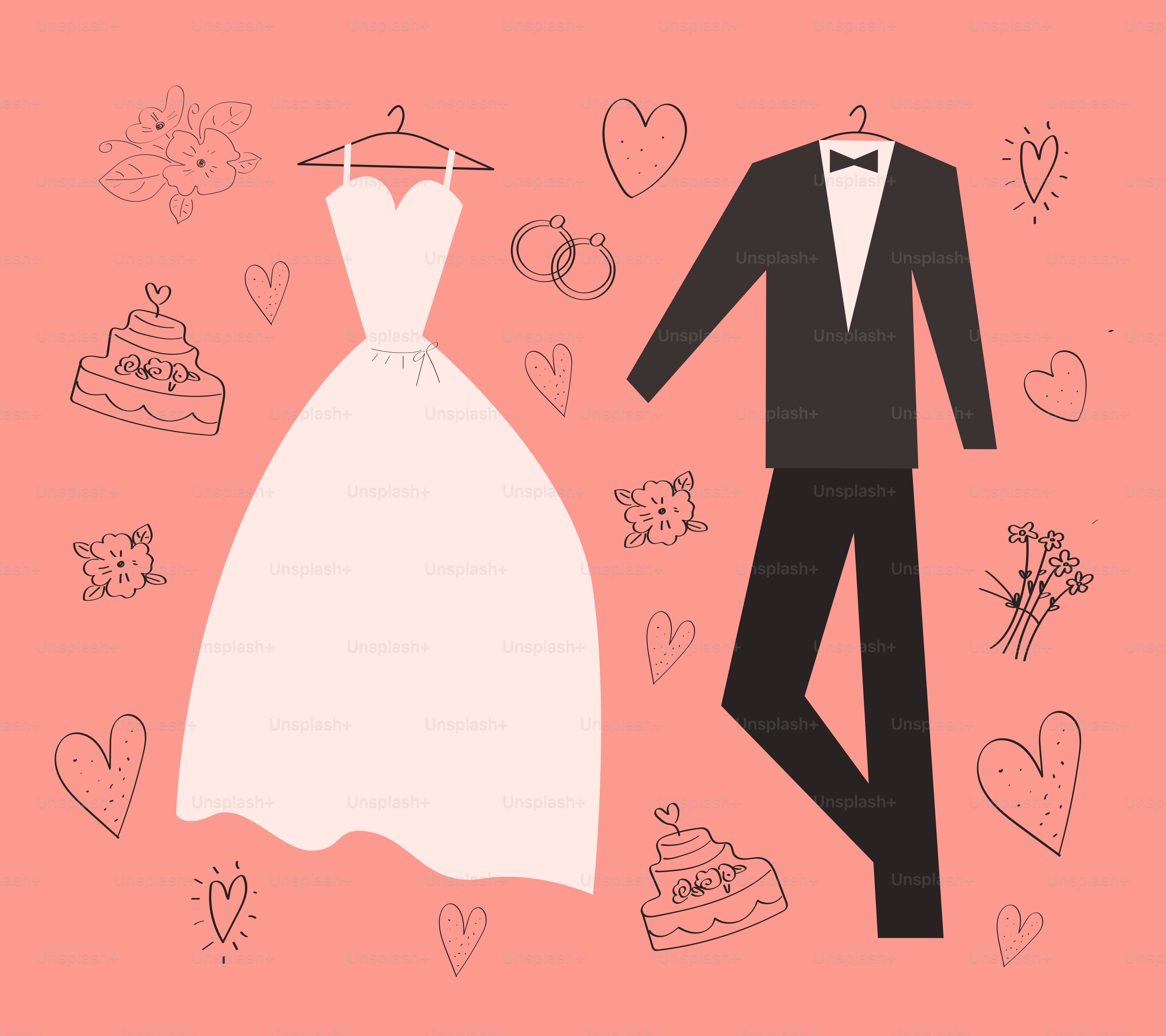 Wedding attire and elements displayed on a pink background.
