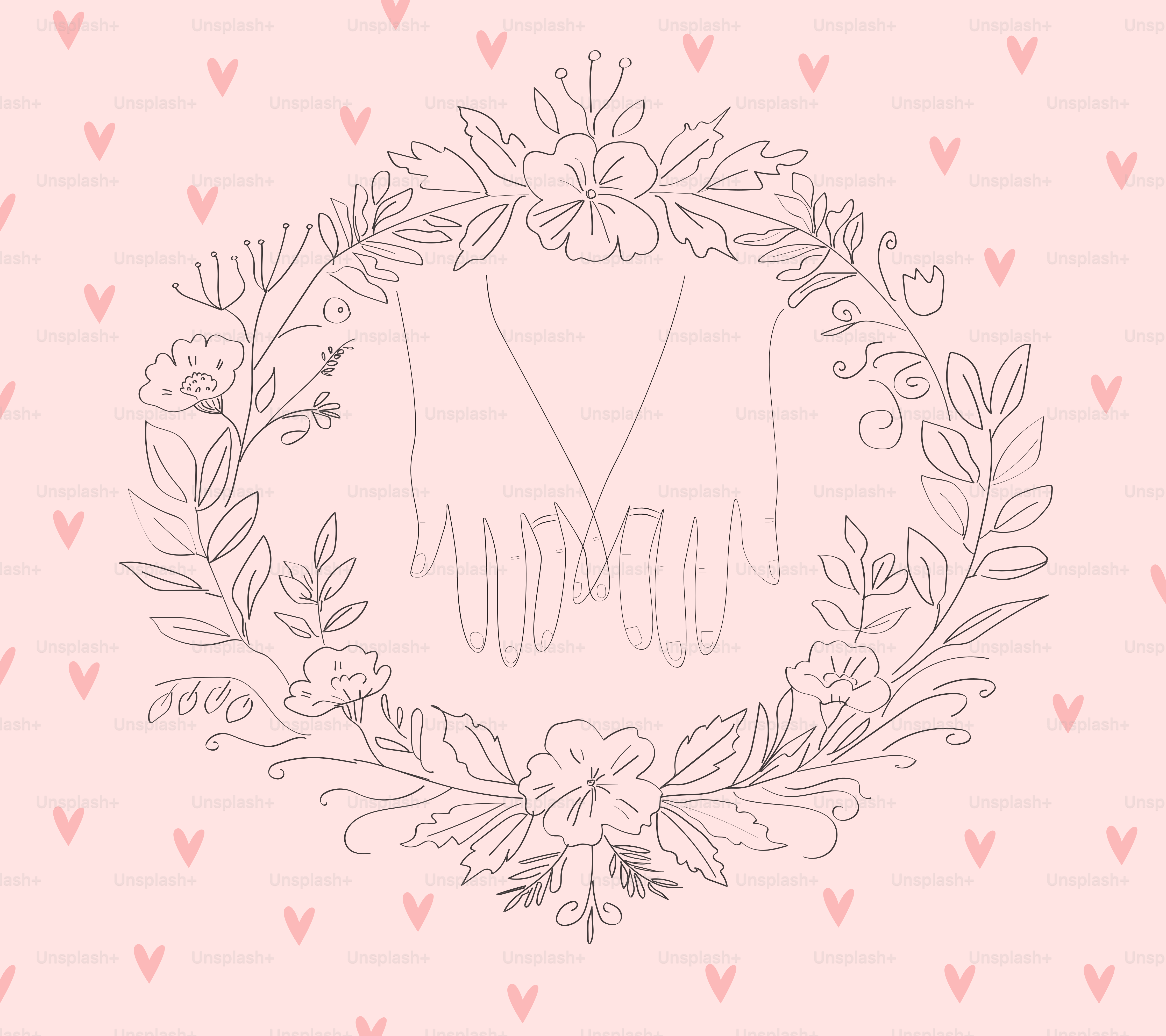 Holding hands, surrounded by flowers and hearts.