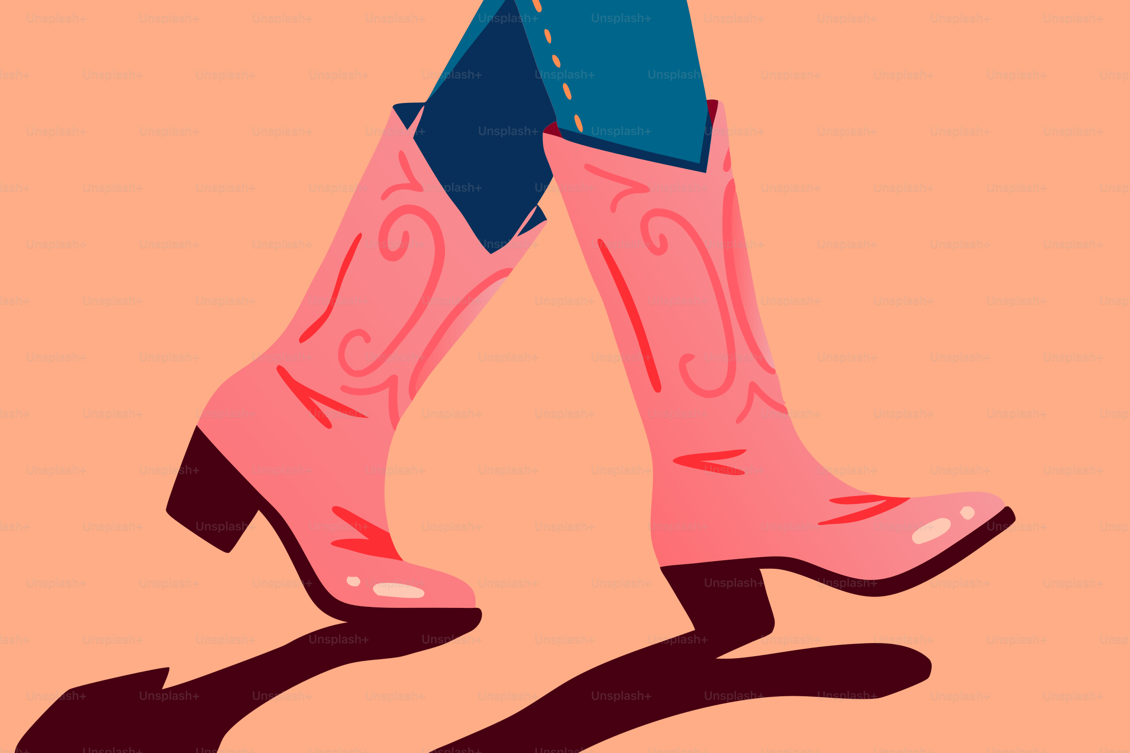 Stivali da cowboy rosa camminano in questa illustrazione.