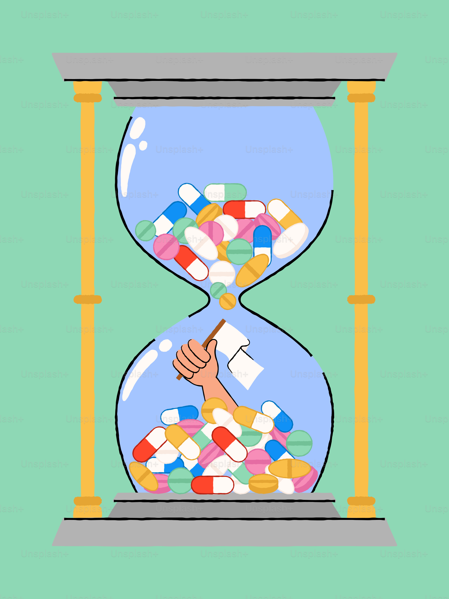 Pills fill an hourglass with a hand trying to escape.