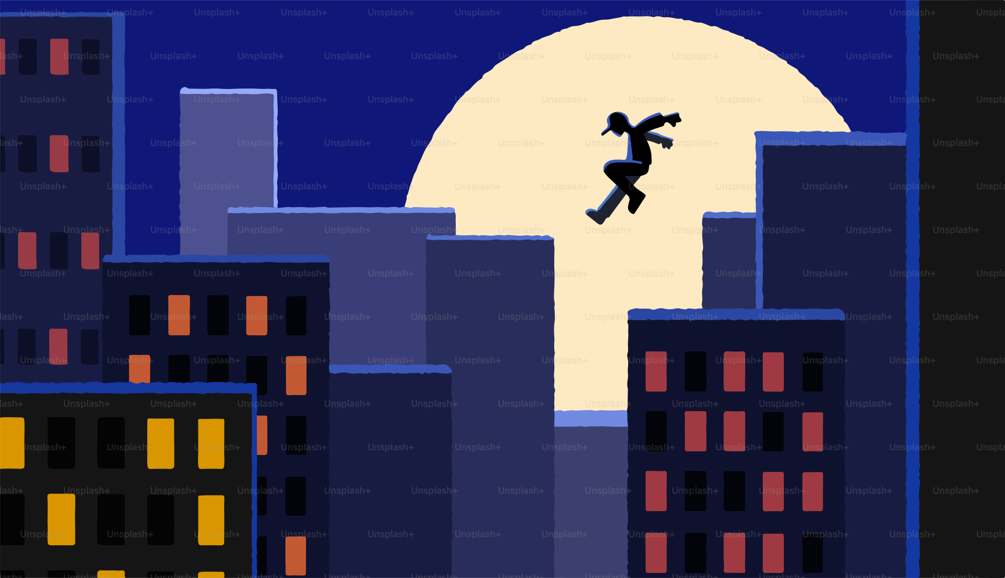 A silhouette jumps over buildings at night.