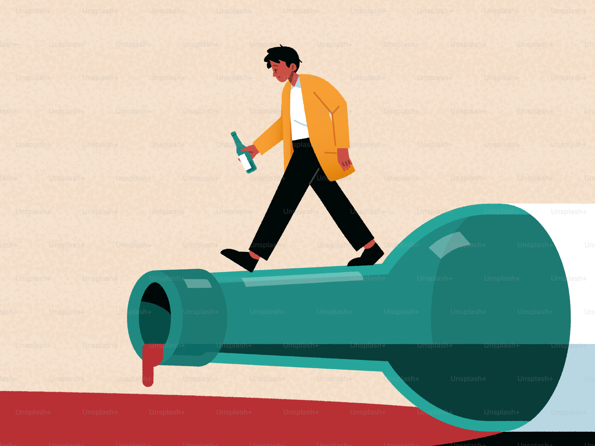 Man walks across a bottle of spilled wine.