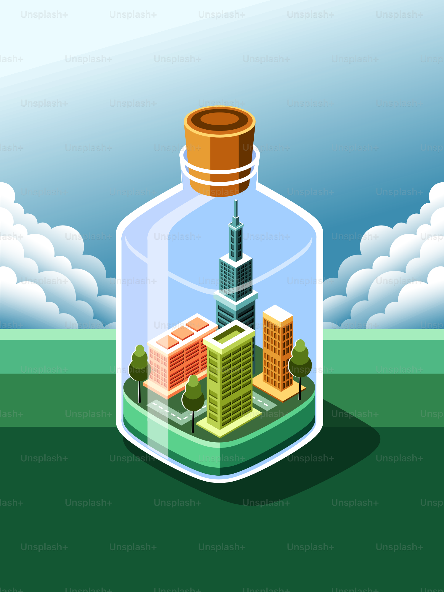 Le paysage urbain est piégé à l’intérieur d’une bouteille en verre.