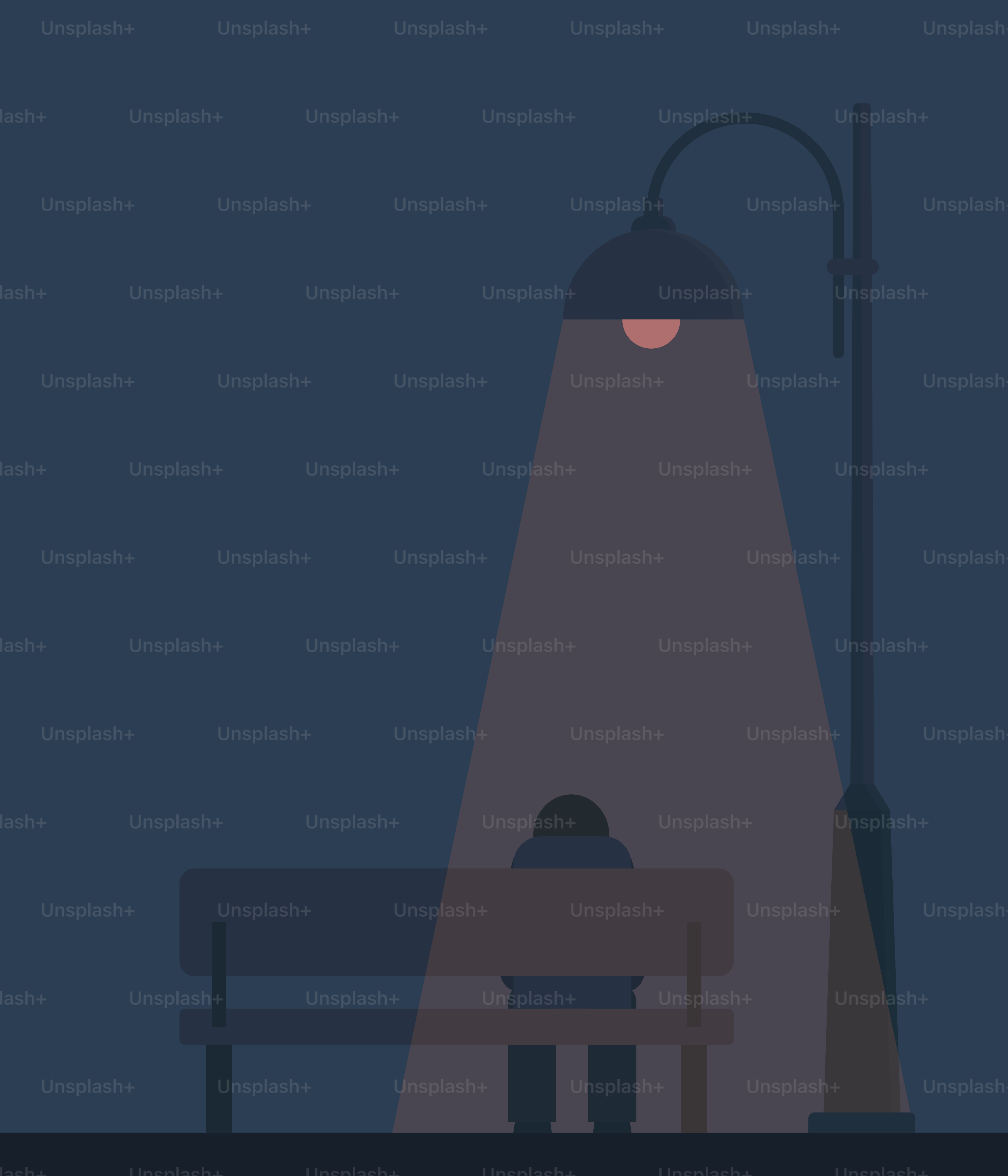 A person sits alone on a bench under a lamp.