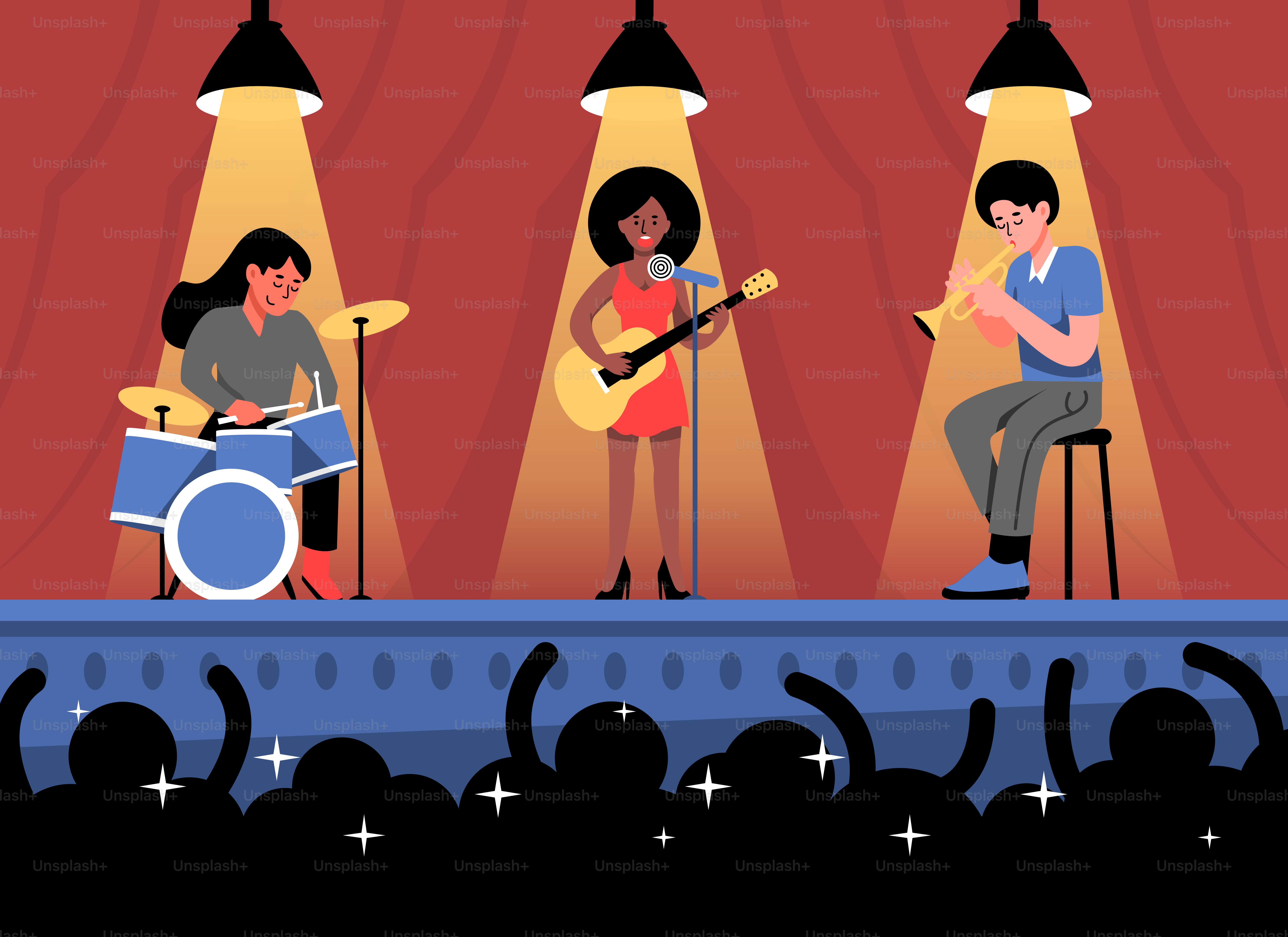 A band performs live on stage for a crowd.