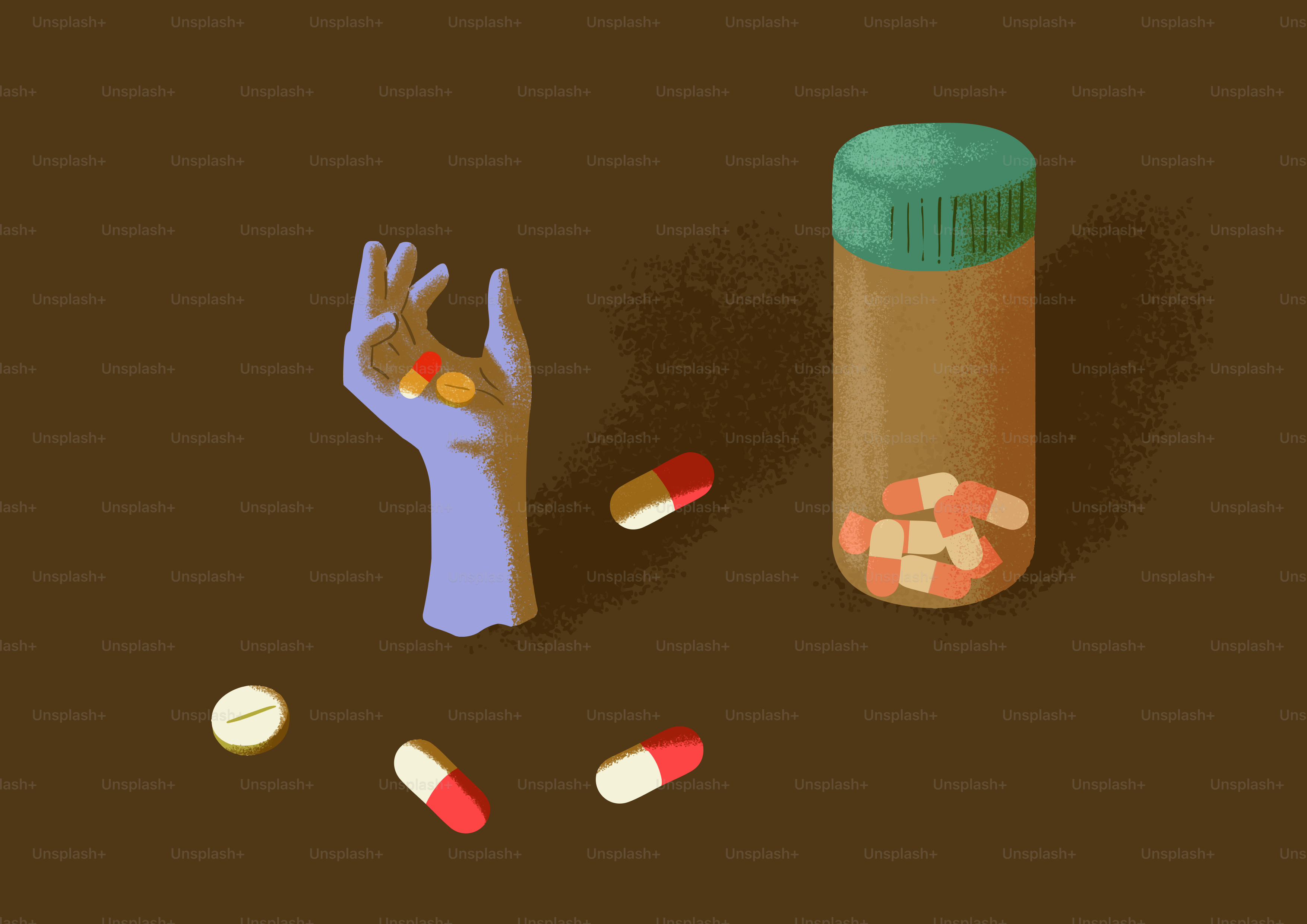 Pills spill from a bottle and hand.