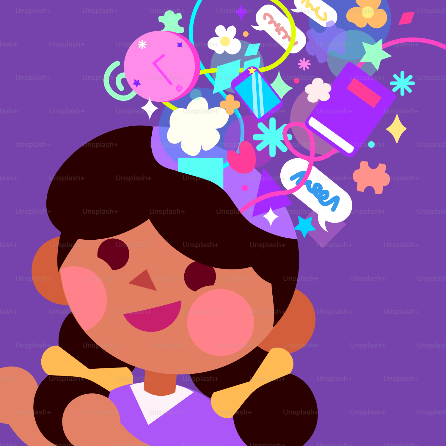 A girl has colorful thoughts bursting from her head.