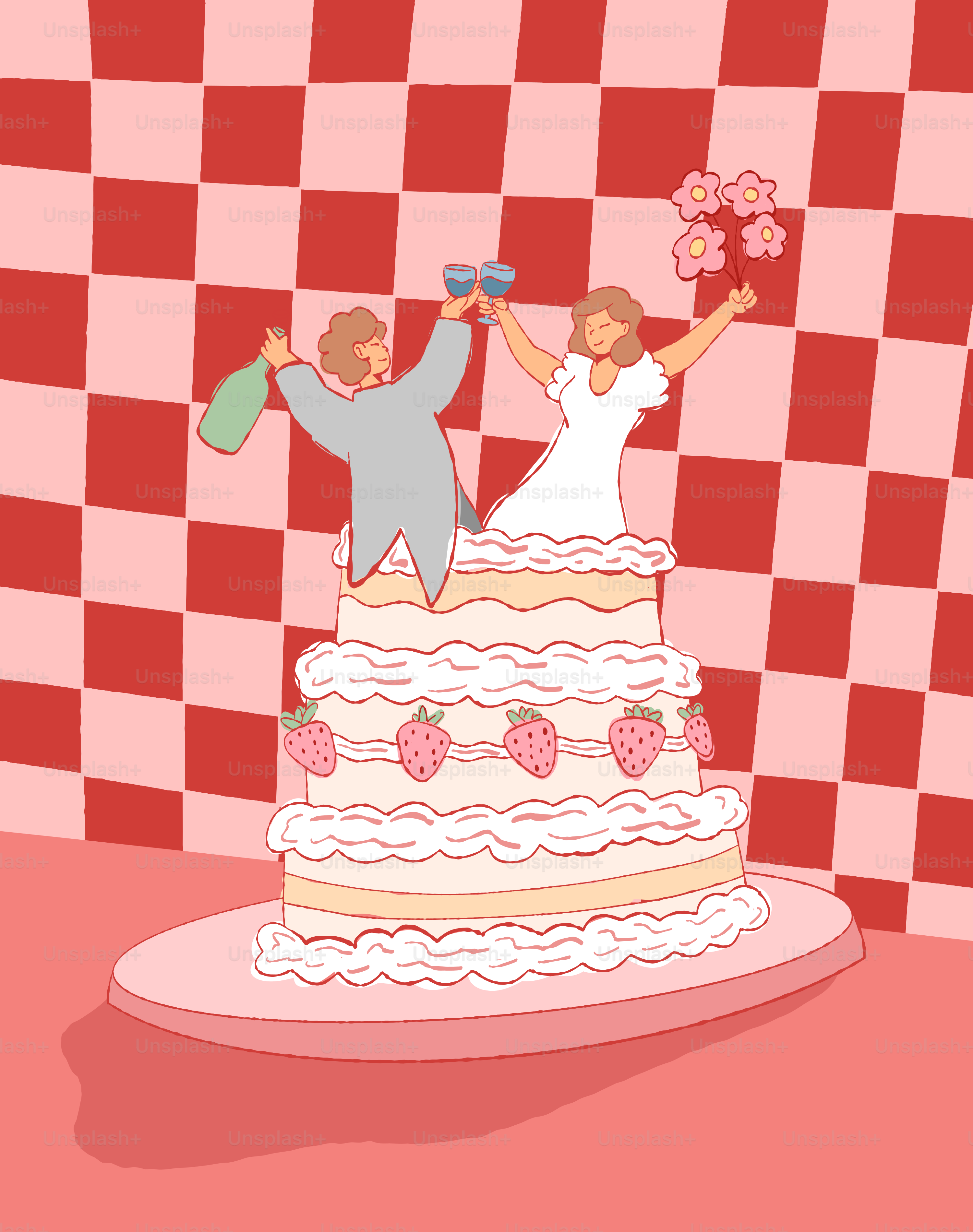 Couple celebrates their wedding atop a cake.