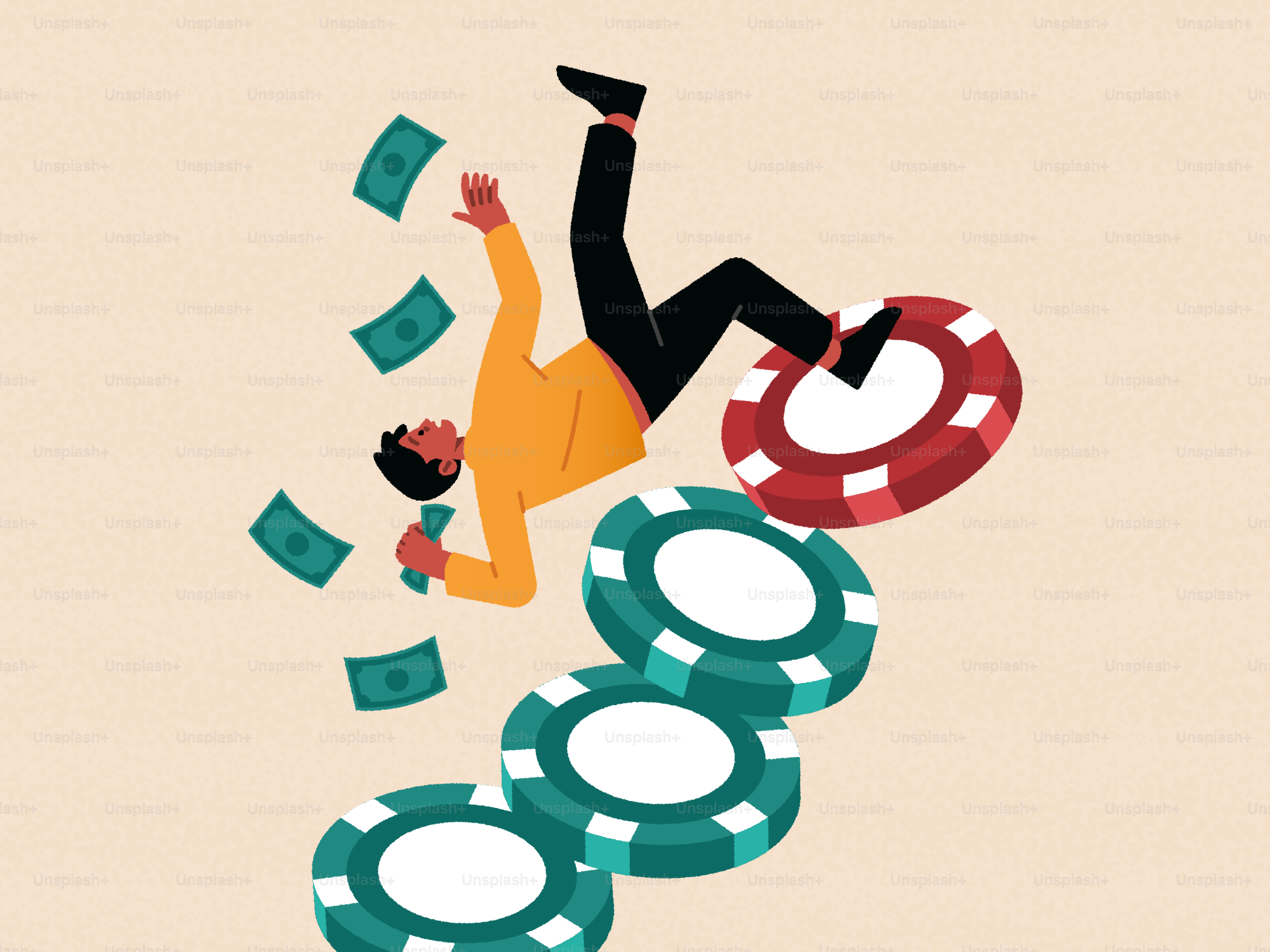 Man celebrates, falling amongst chips and money.