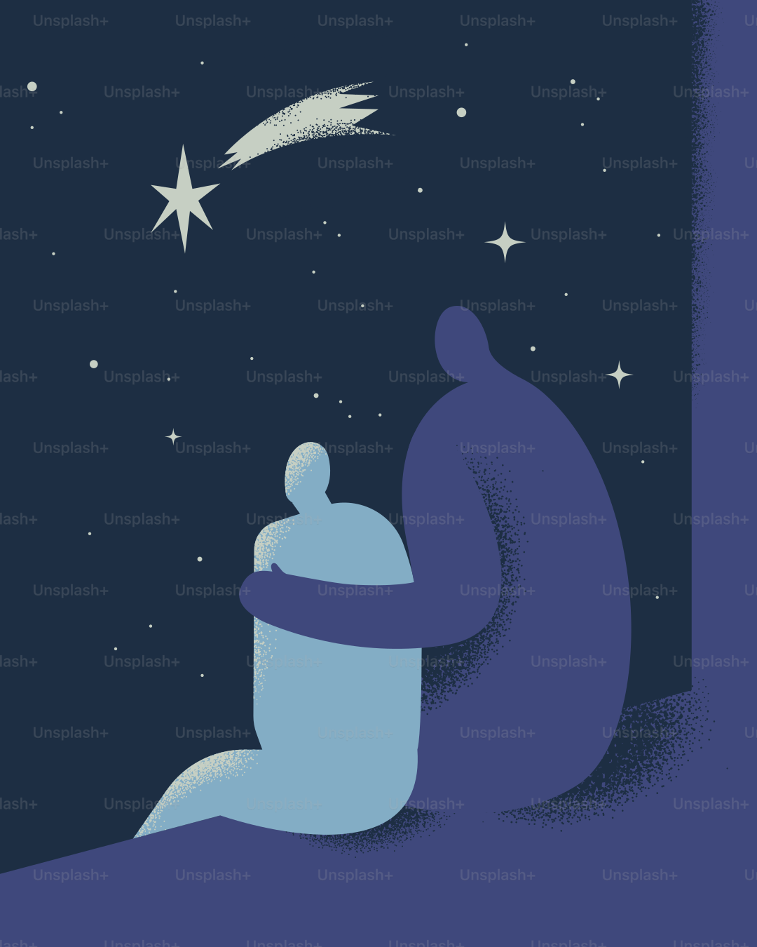 People are hugging and looking at the night sky.