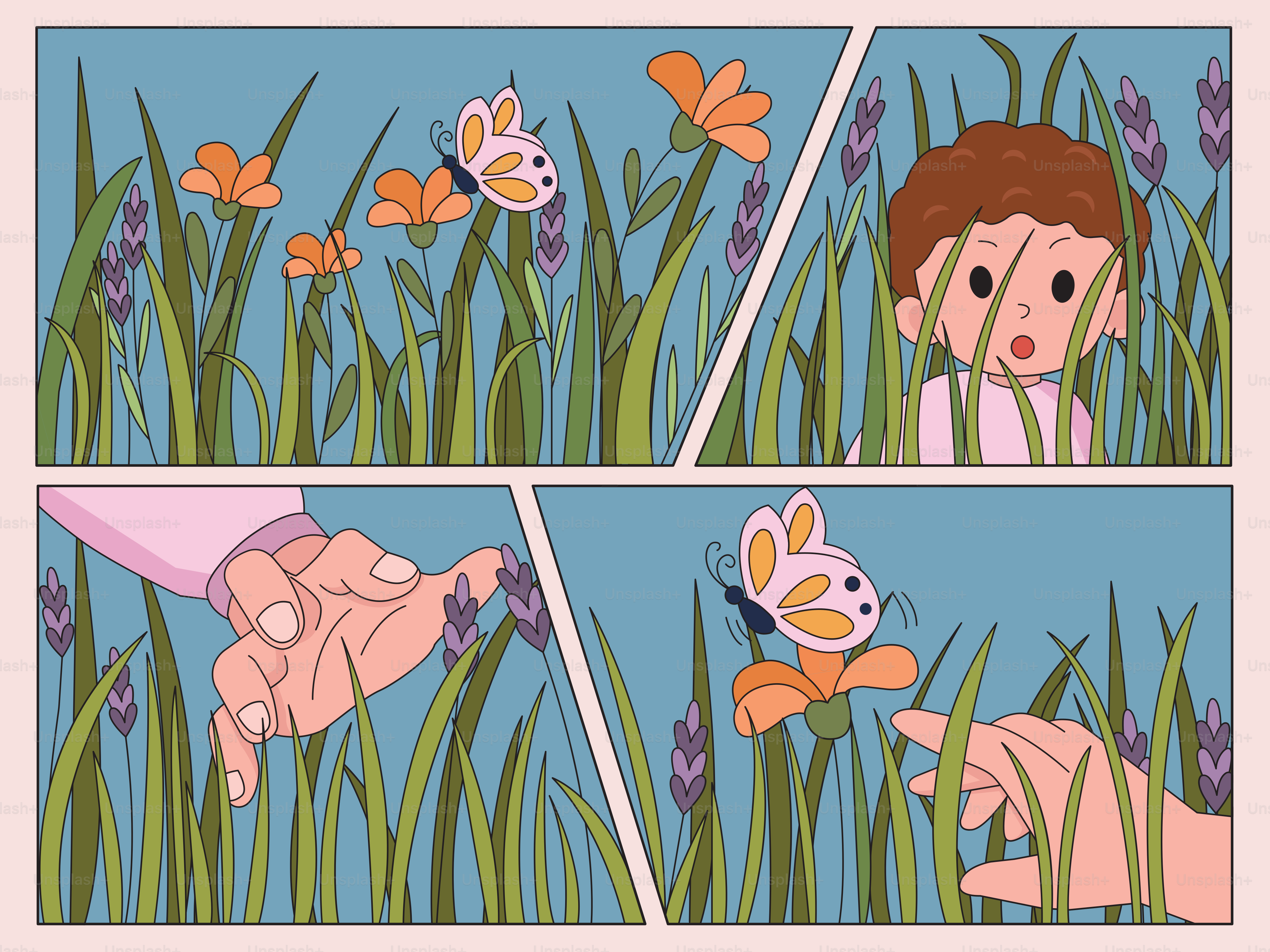 A child watches butterflies flitting through flowers.