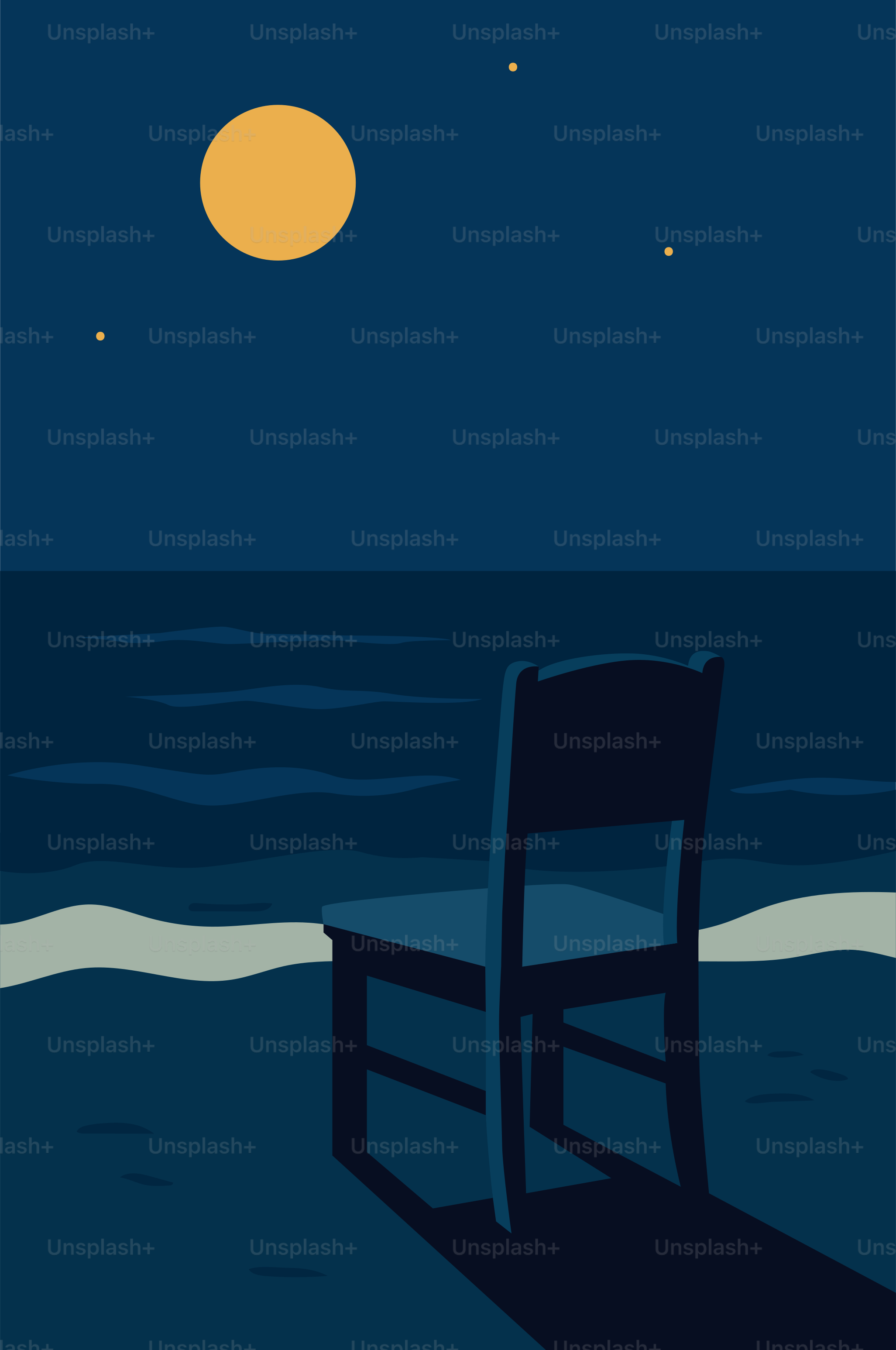 A lone chair sits on the beach at night.