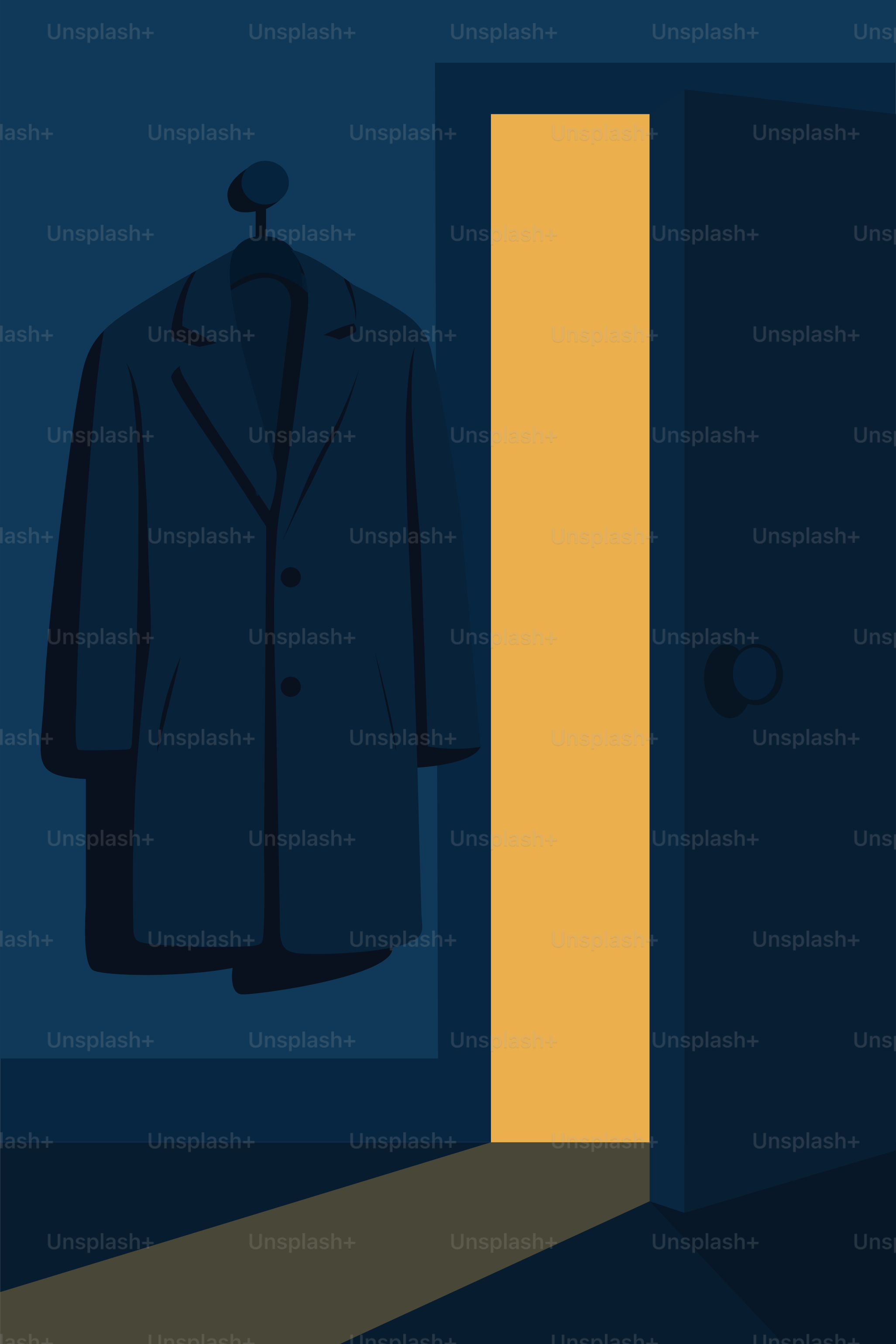 Der Mantel hängt an der Tür, Licht scheint hindurch.