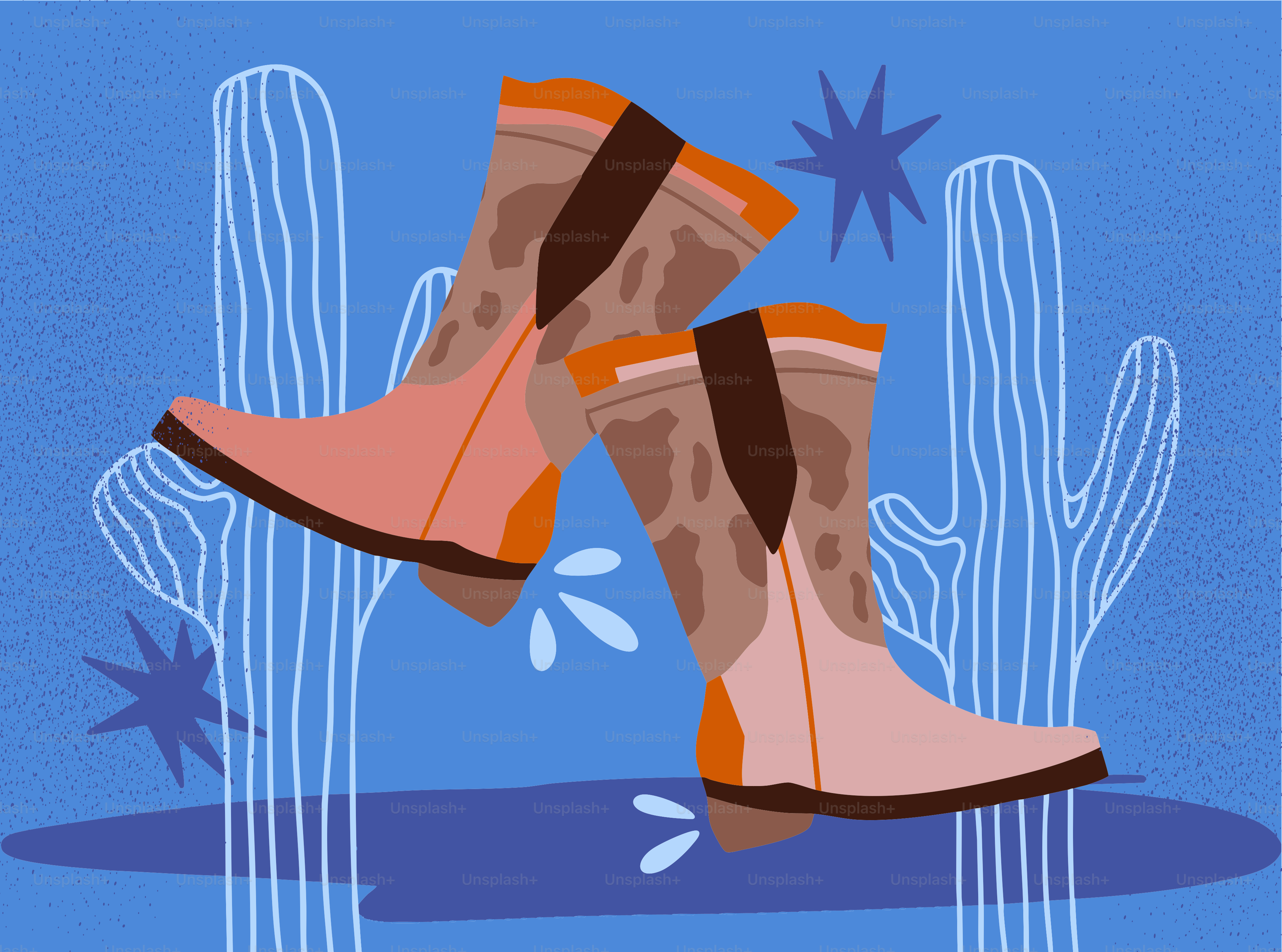 Cowboy boots against a blue cactus background.