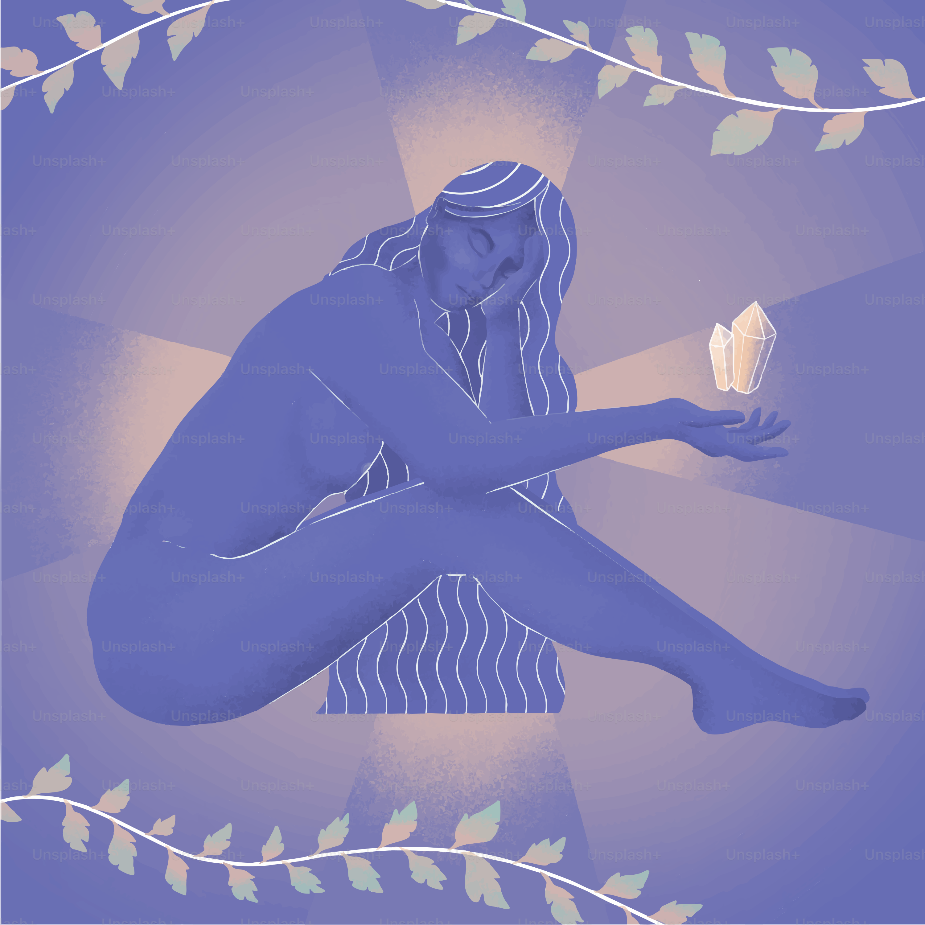 Une femme et des cristaux sont représentés dans des teintes bleues.
