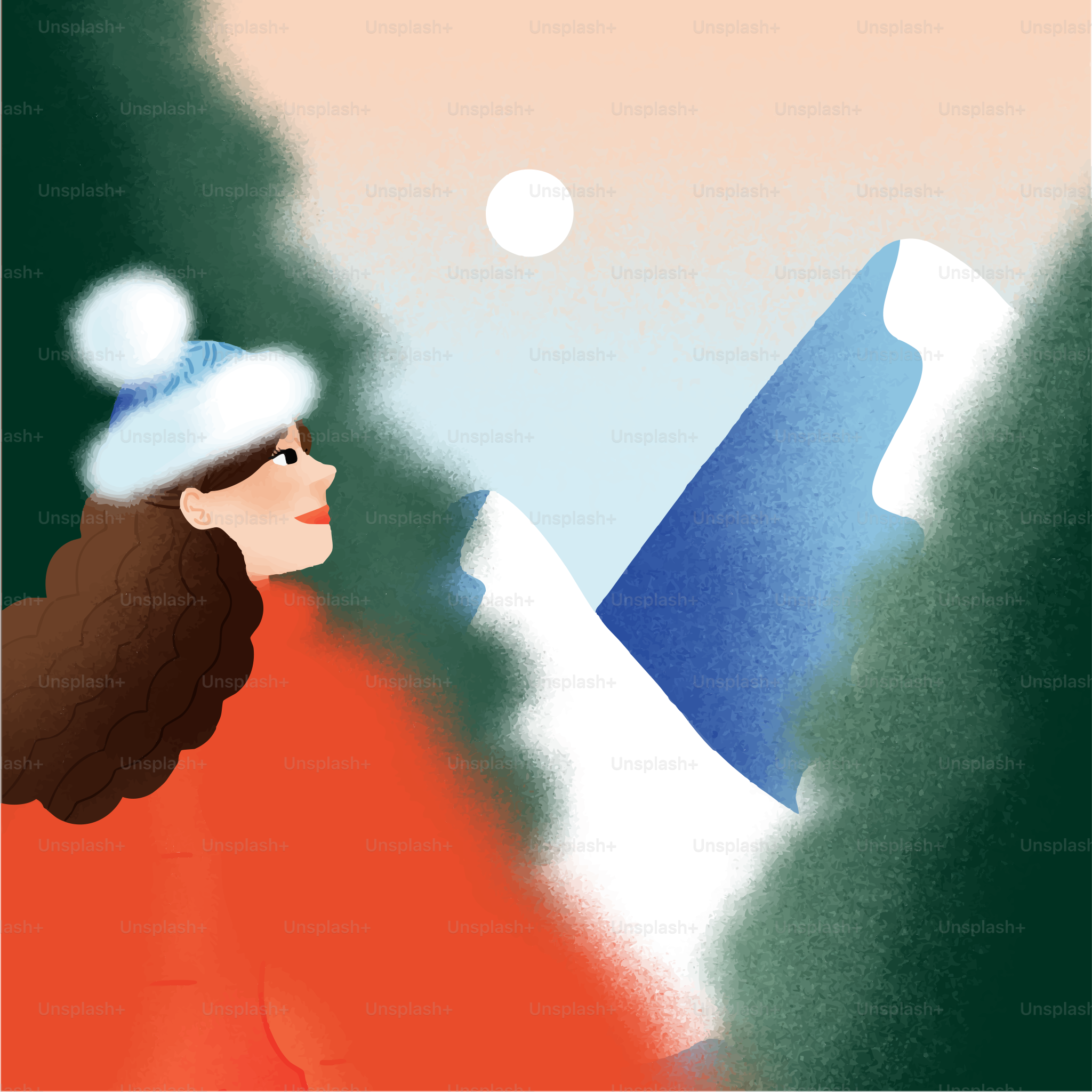 A woman admires snow-capped mountains and the sun.