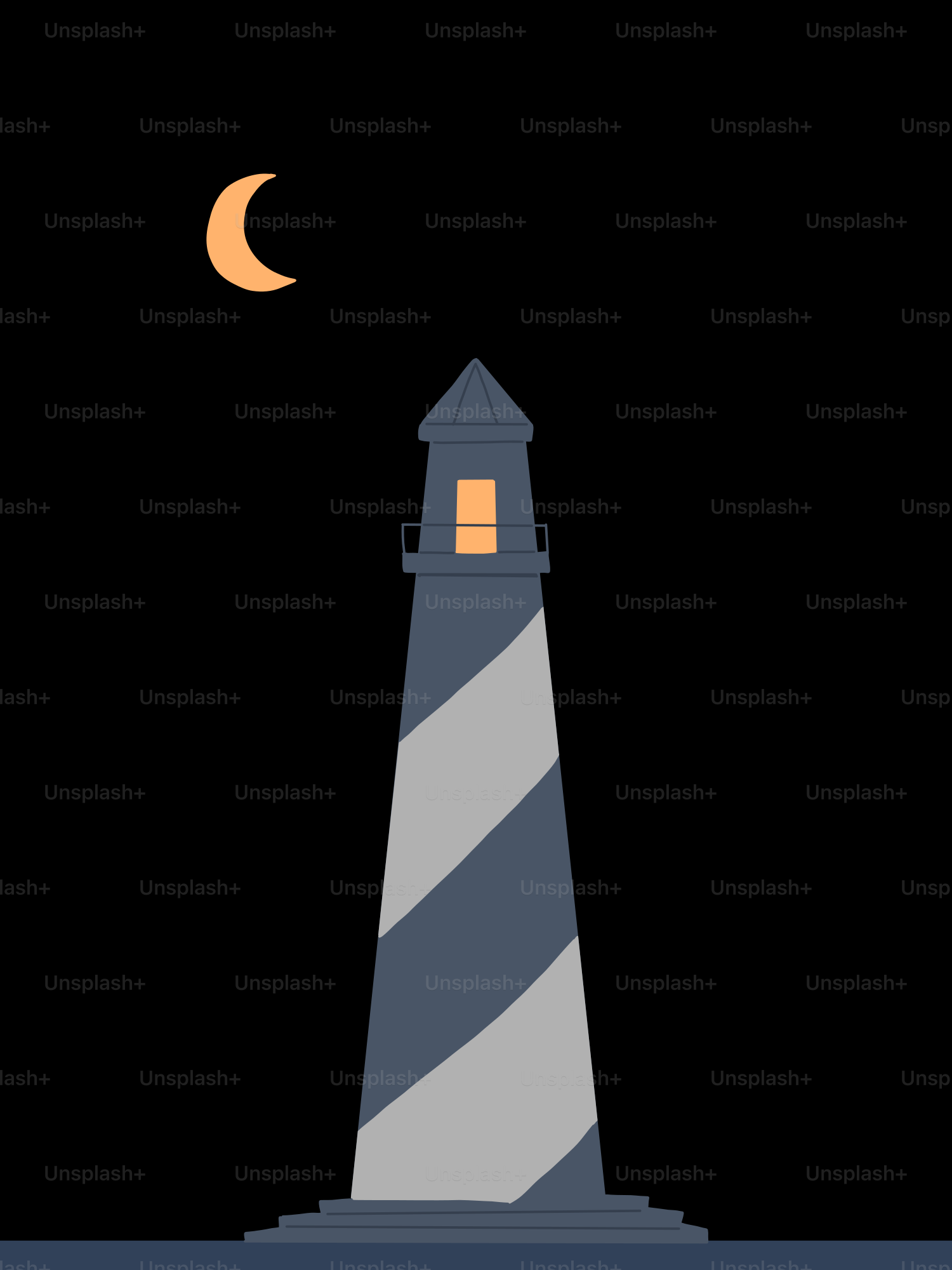 A lighthouse shines at night under the moon.