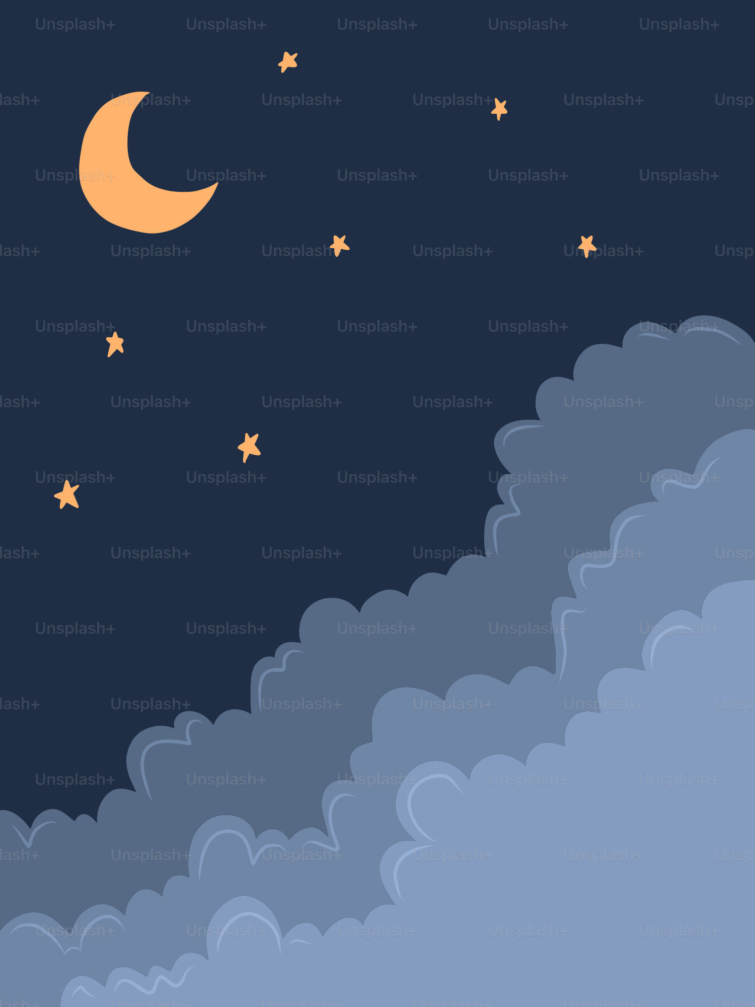 Nighttime scene with moon, stars, and fluffy clouds.
