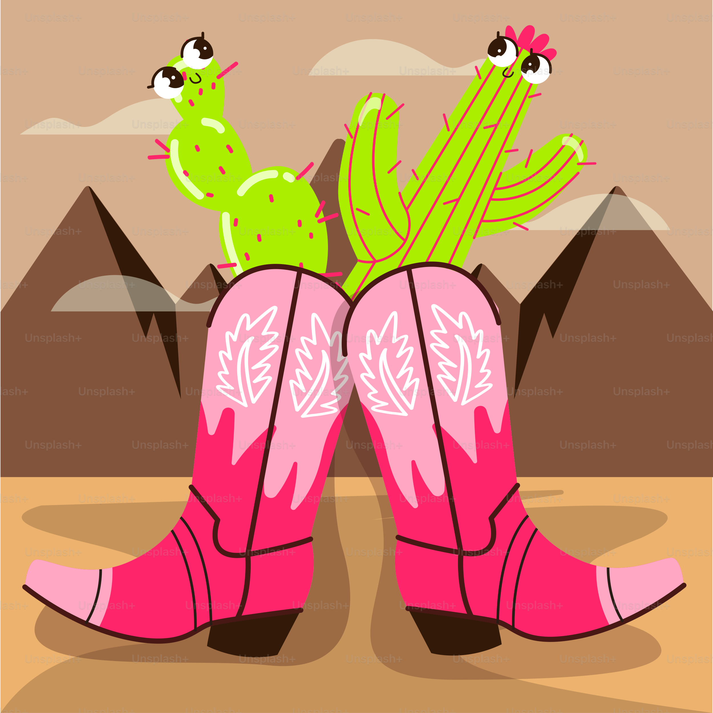 Two cacti are growing out of pink cowboy boots.