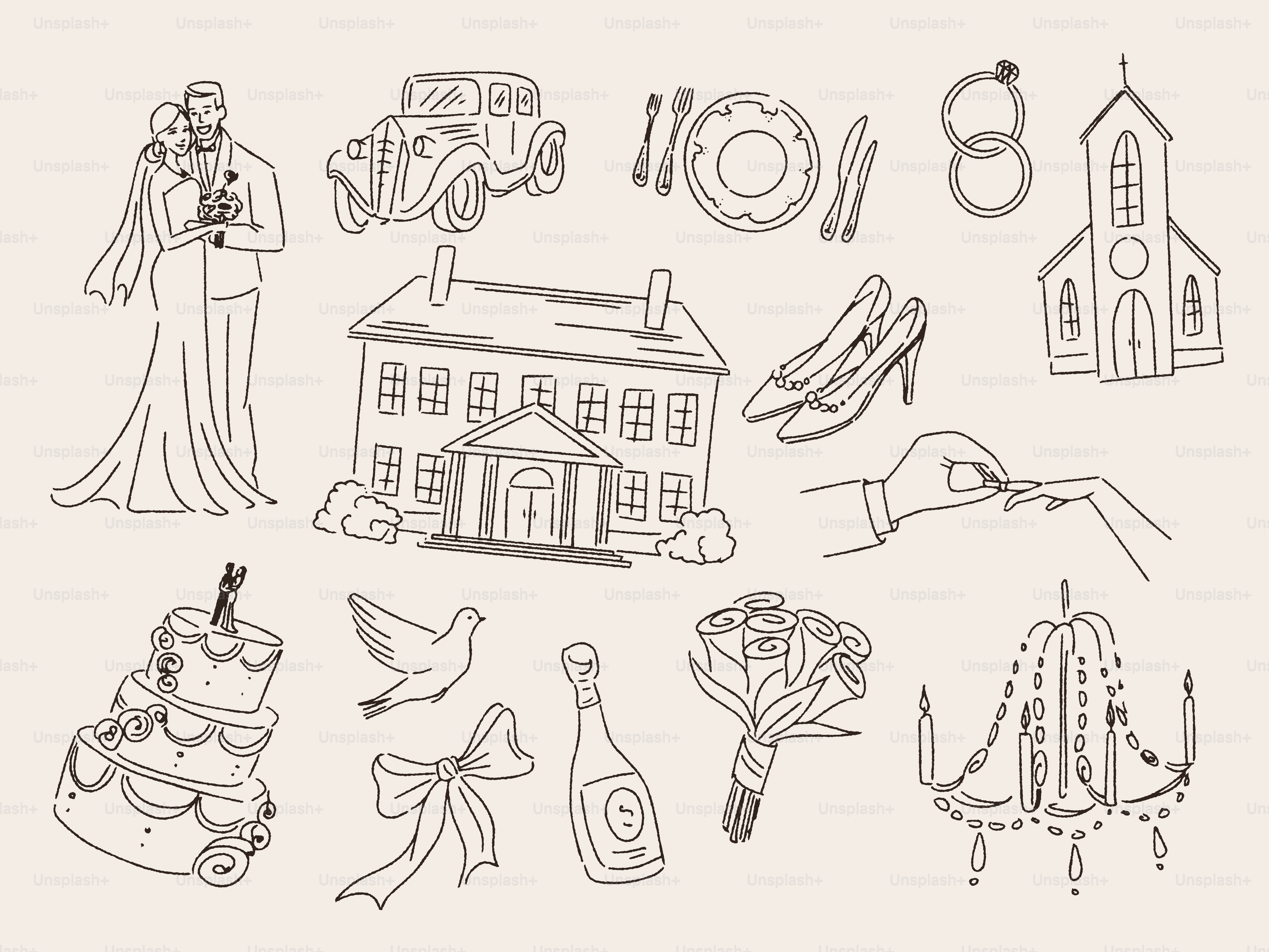 Doodles com tema de casamento apresentando vários elementos relacionados.
