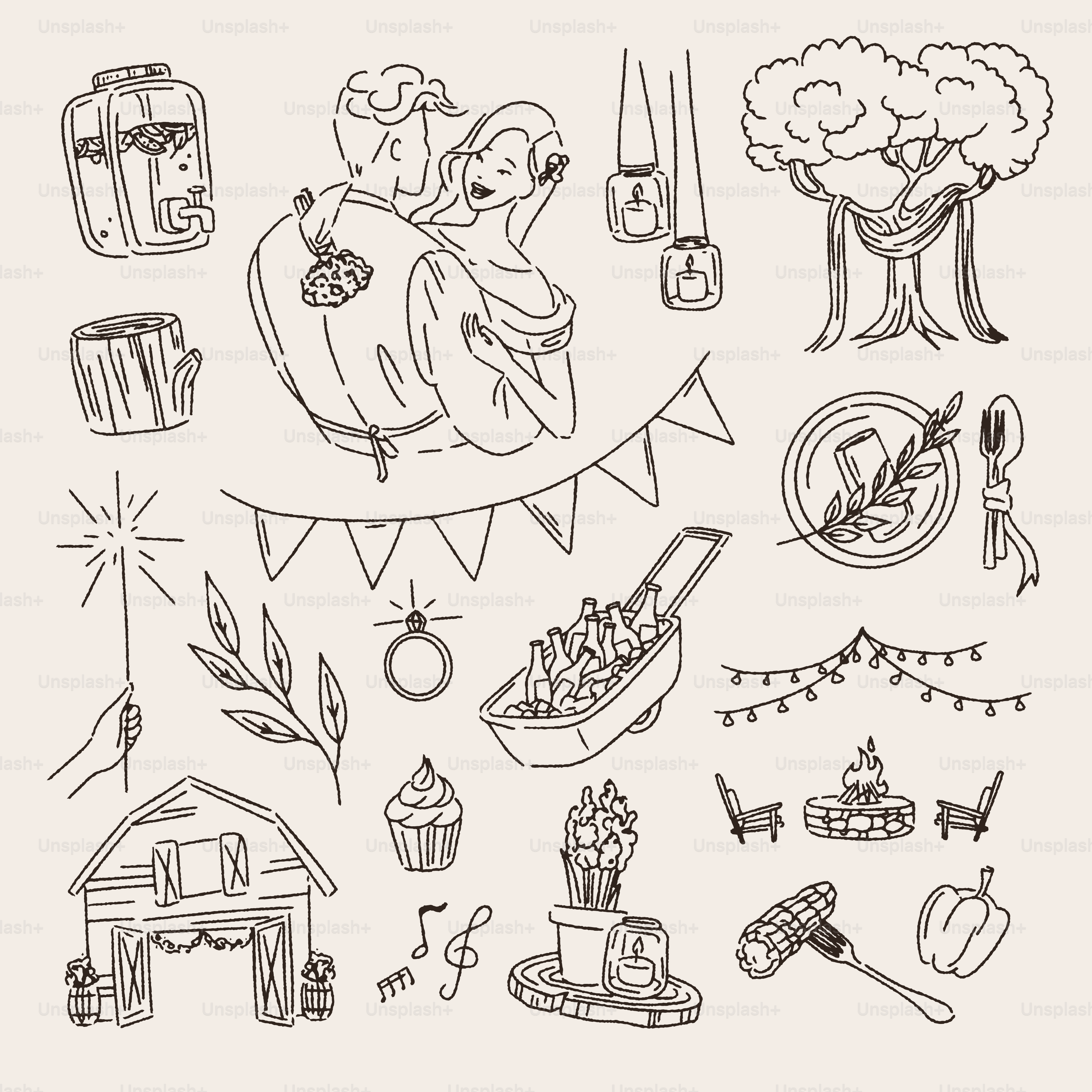 Wedding-themed doodles and illustrations are shown in the image.