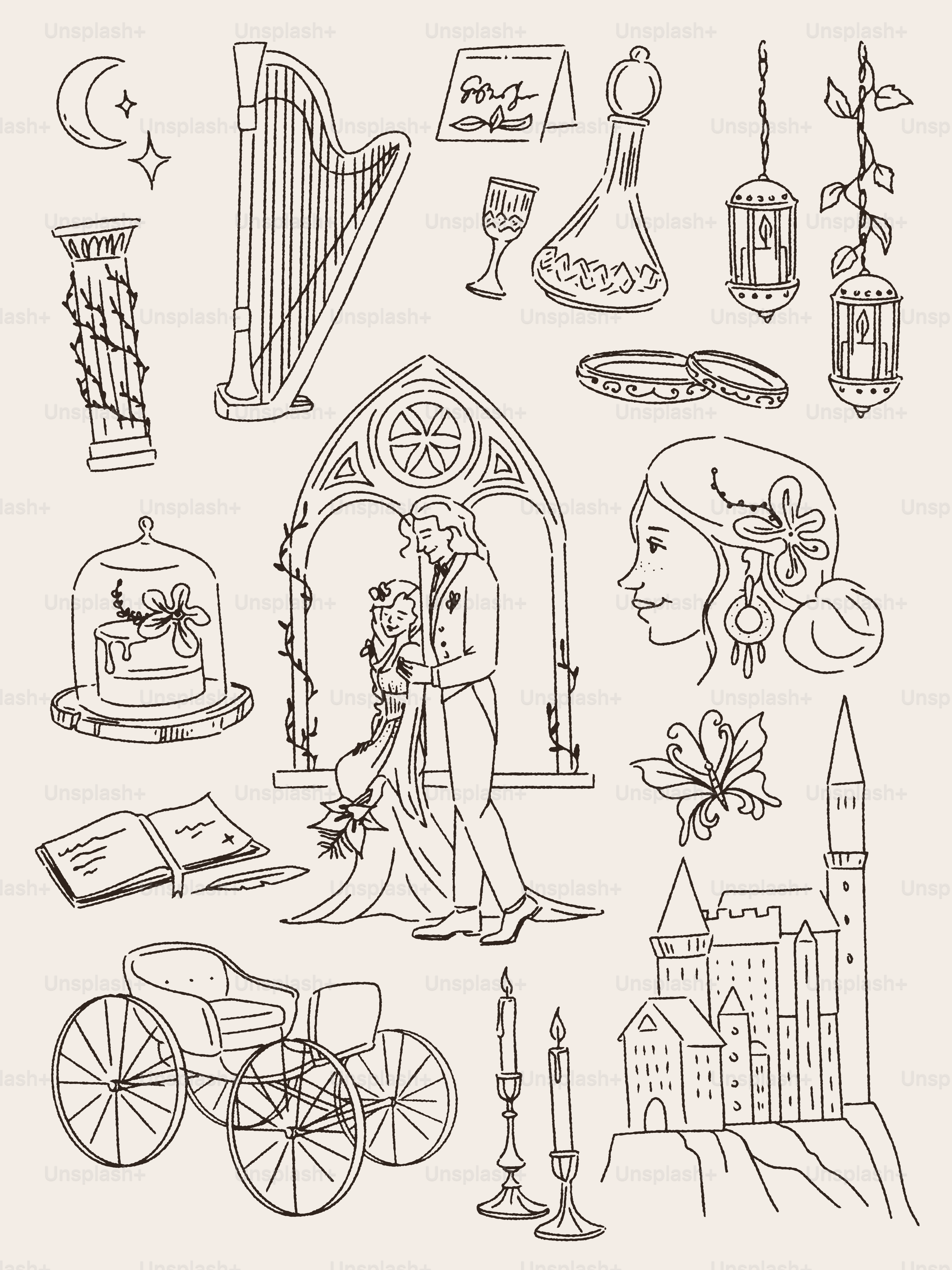 An elegant wedding scene is depicted in these line drawings.