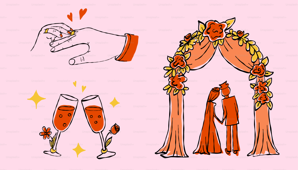 Wedding-themed illustrations, including vows and a toast.