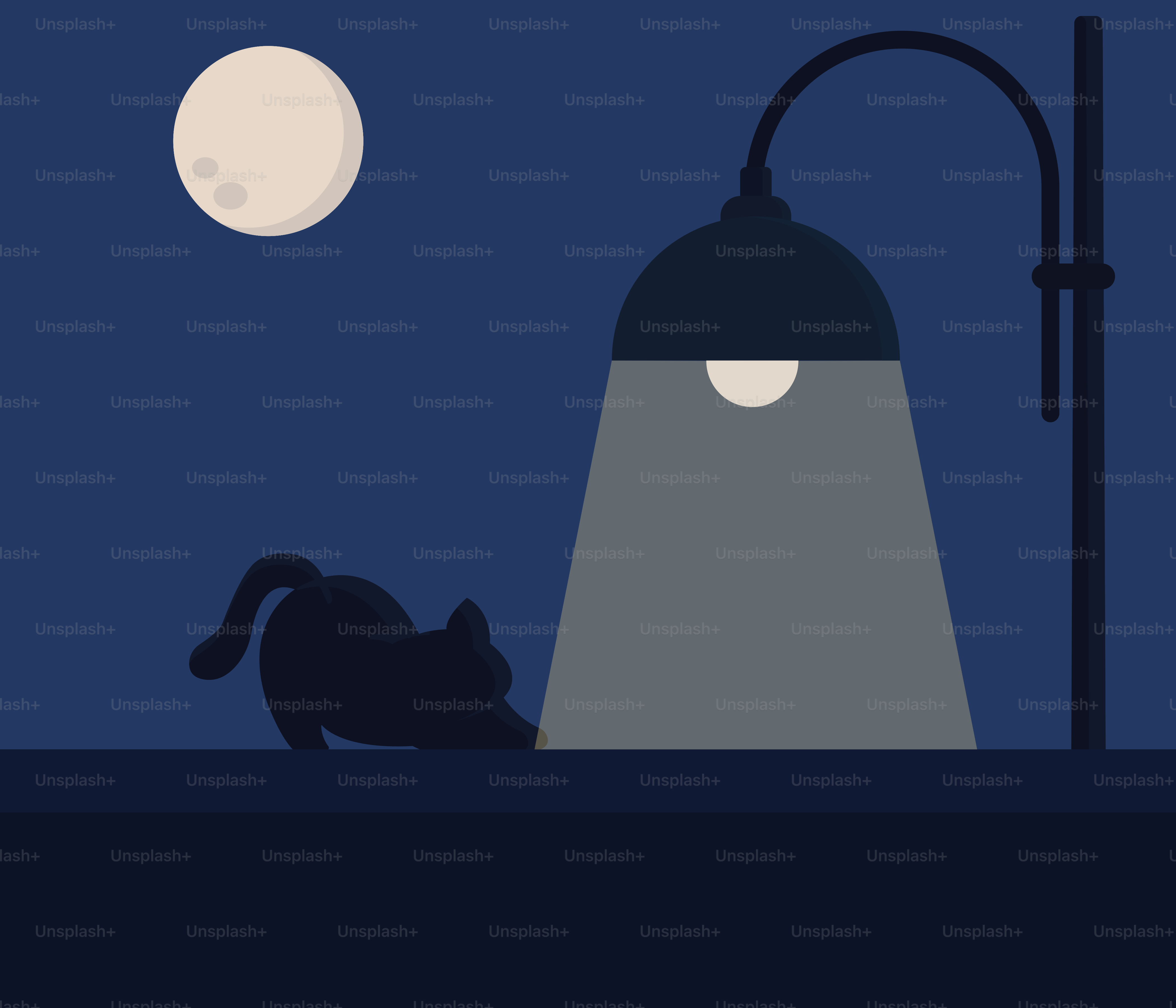 A cat prowls under a streetlight at night.