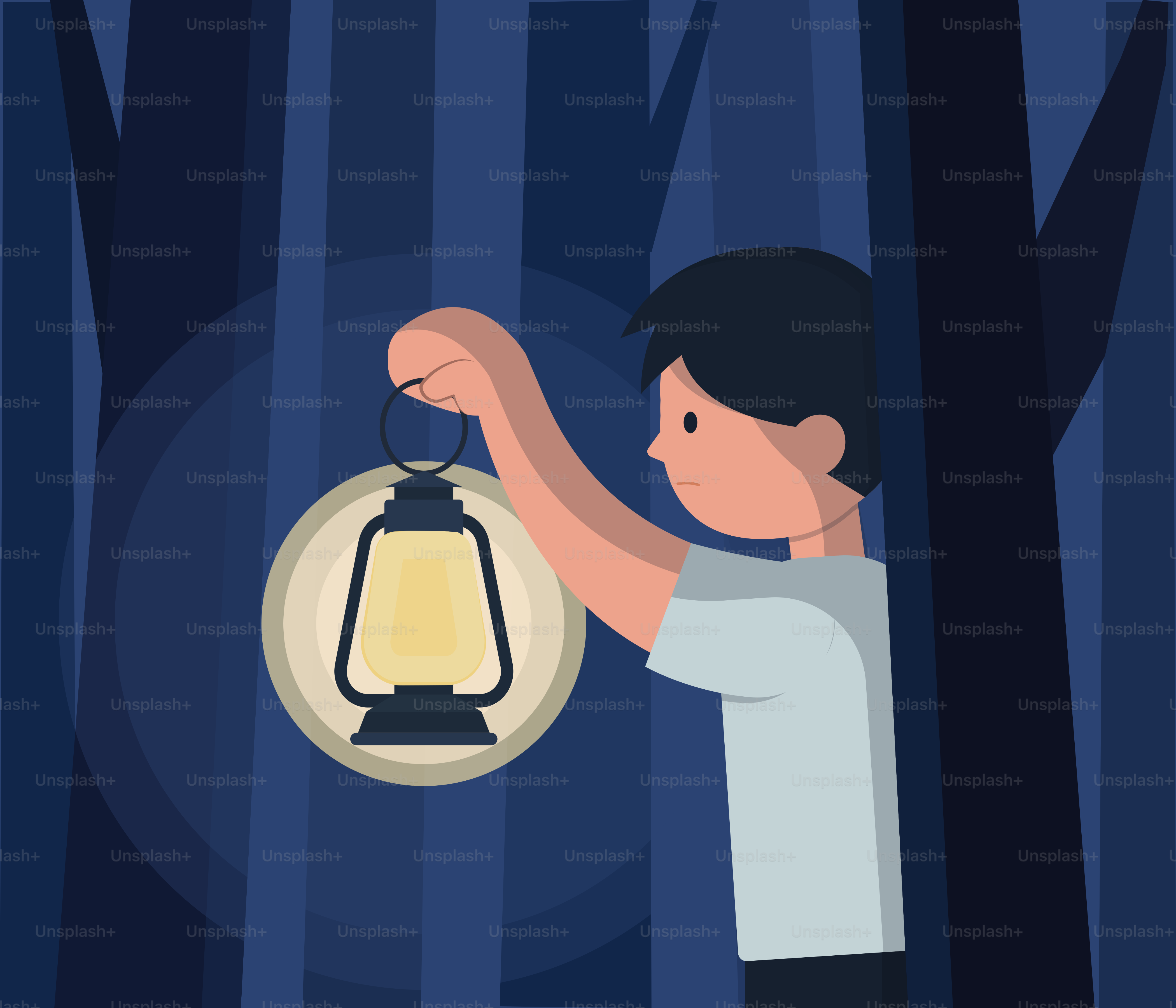 Boy holds lantern in a dark forest.
