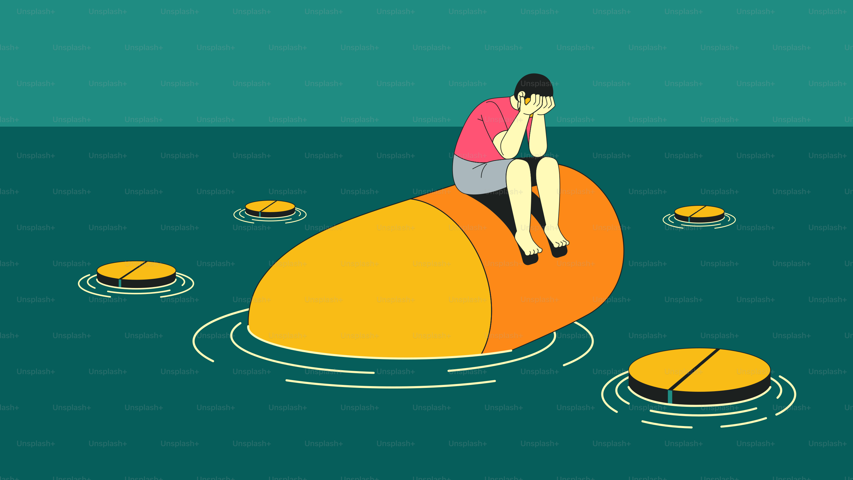 La persona si siede su una pillola, circondata da pillole più piccole.