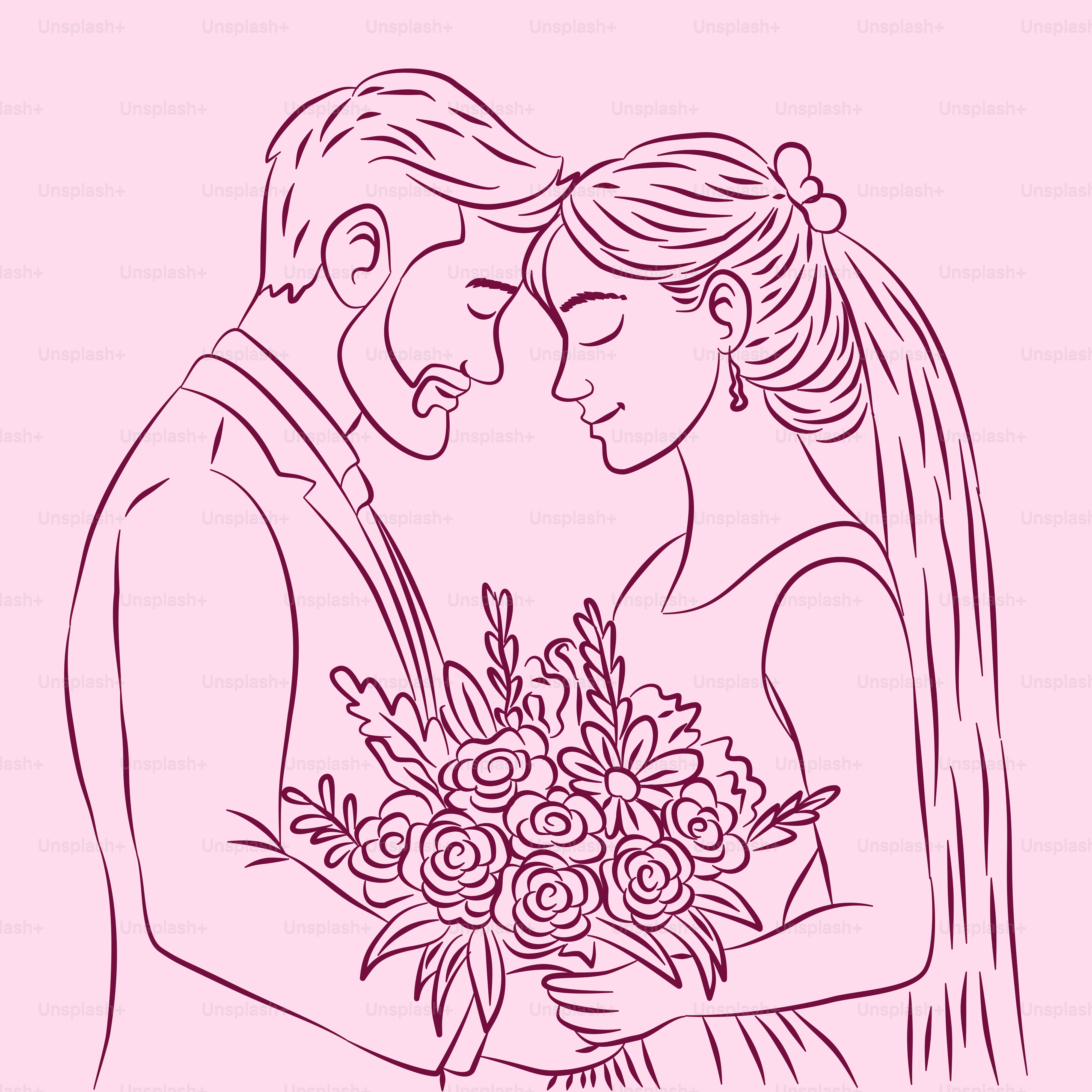 新婚のカップルがブーケを手に抱き合う。