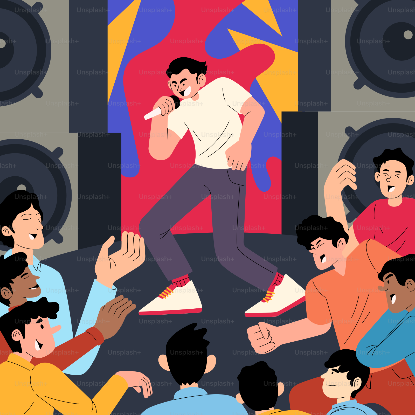 A singer performs on stage, surrounded by a cheering crowd.