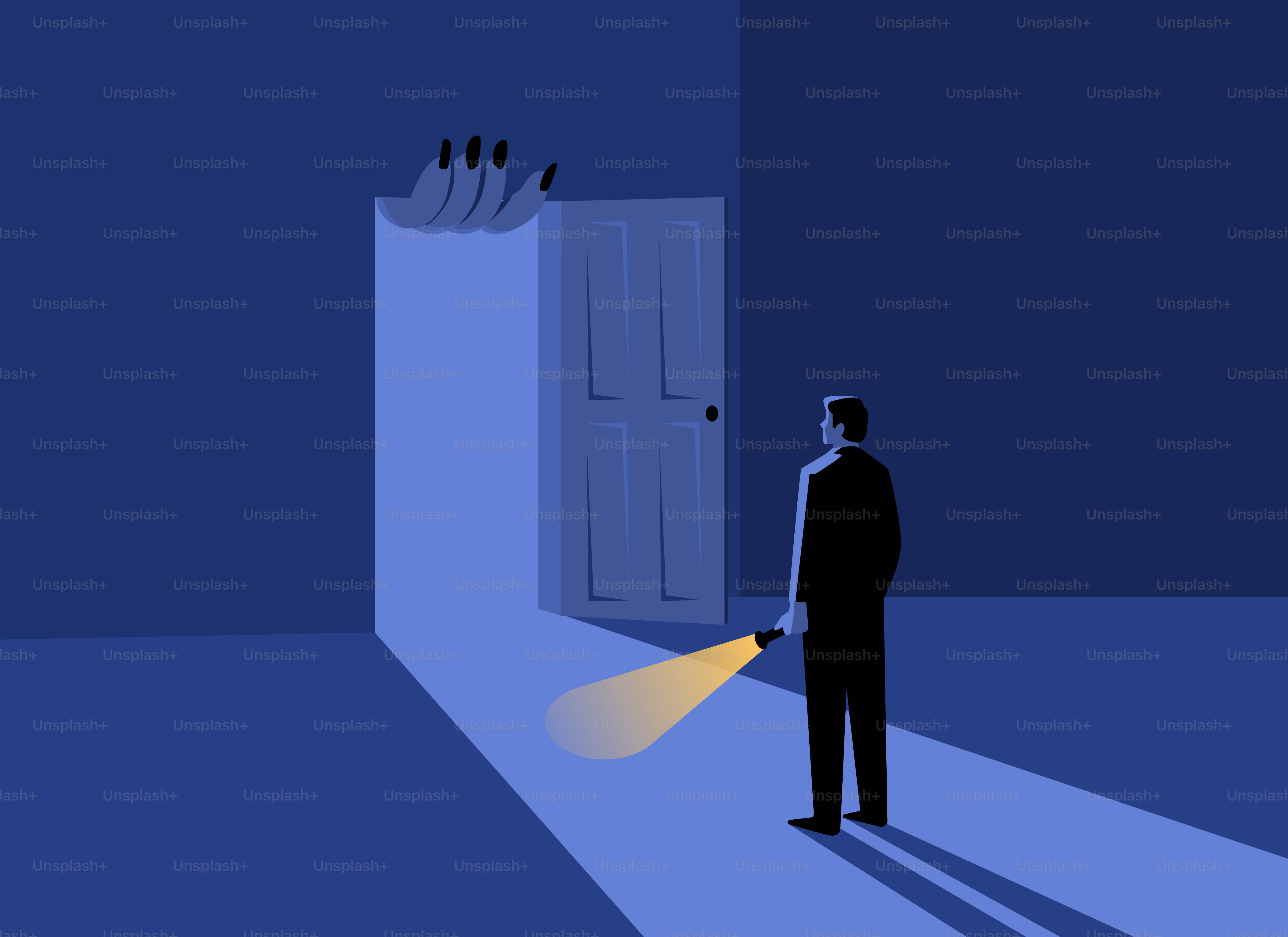 A man approaches a door with a lurking shadow.