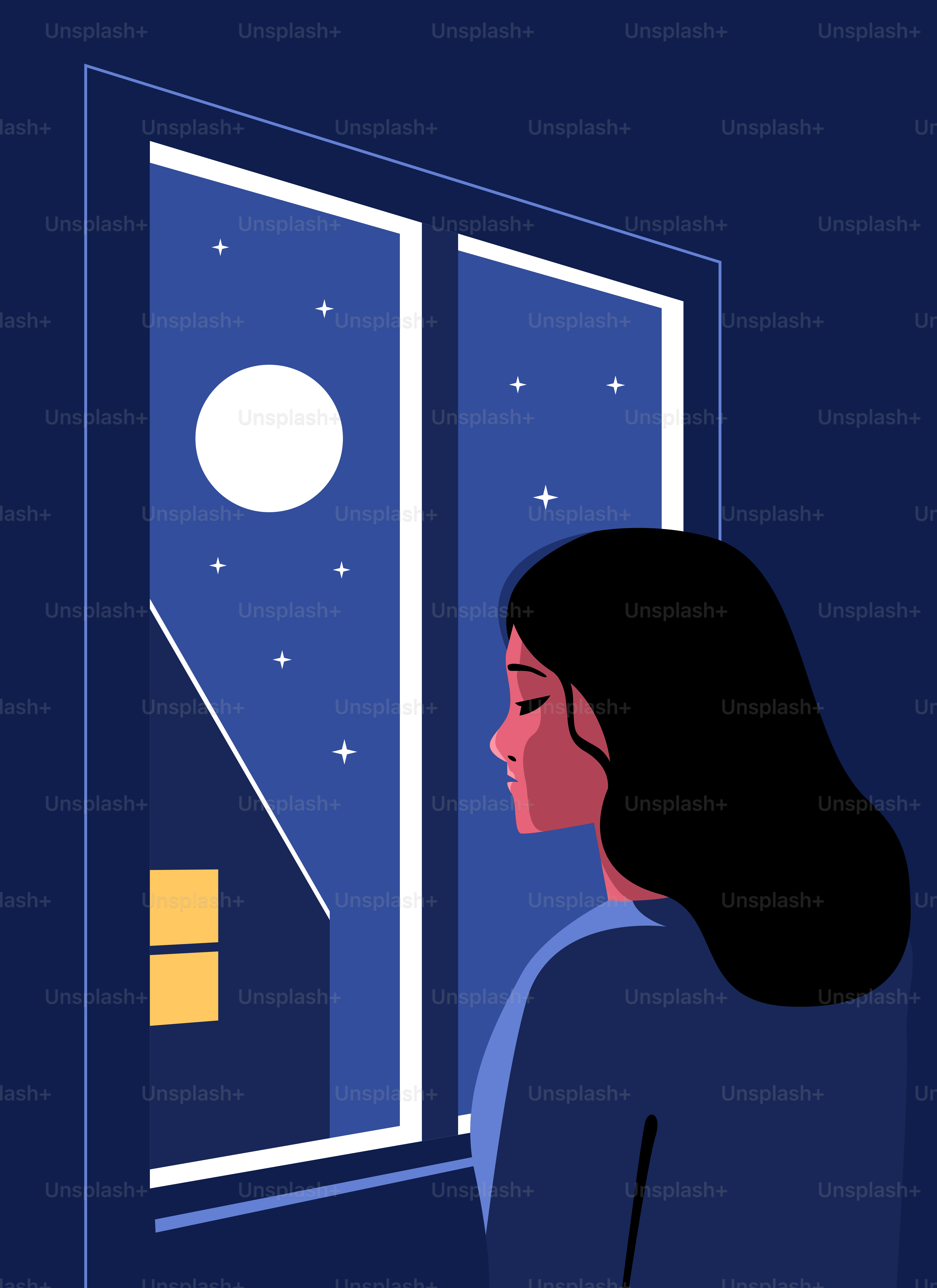 A woman stares at the moonlit night.